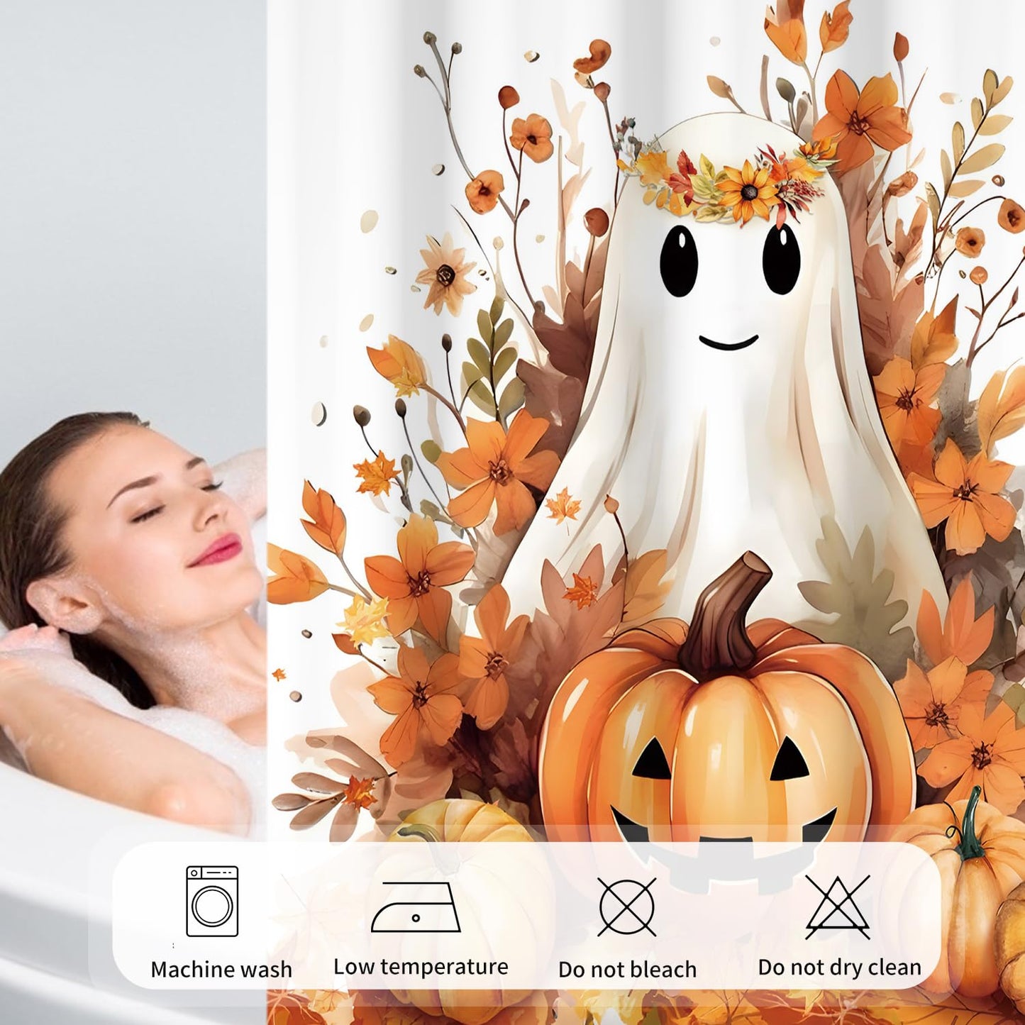 deFouliao Halloween Shower Curtain White Cute Ghost Fall Pumpkin Floral Bathroom Curtain Sets for Halloween Autumn Bath Home Decor, Waterproof Fabric Decor with Hooks 72x72 Inch