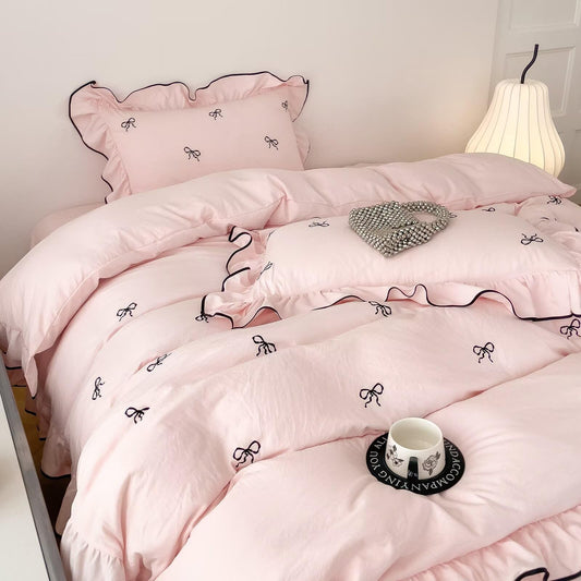 AMZTOP Cute Pink Duvet Cover Set Queen Size 3 Pcs with Bow,1 Duvet Cover with 2 Pillowcases,Washed Coquette Queen Bedding Set for Teen Girls,Zipper Ruffles Quilt Covers 90"×90"
