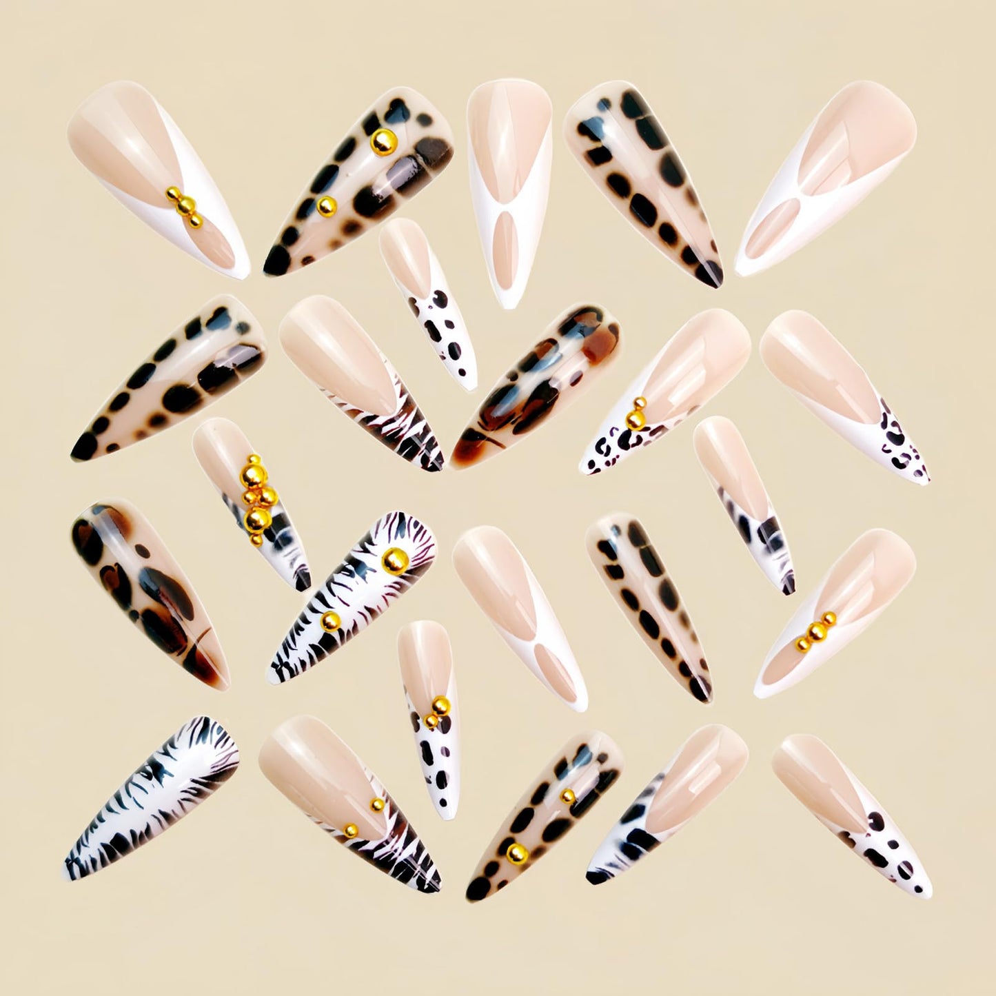 SINHOT Stiletto Press on Nails Long - Long Fake Nails, Glossy Finish, Zebra Stripes & Gold Chrome Pearls, DIY Artificial False Nail Art - 24 Pcs Nail Kit with Glue