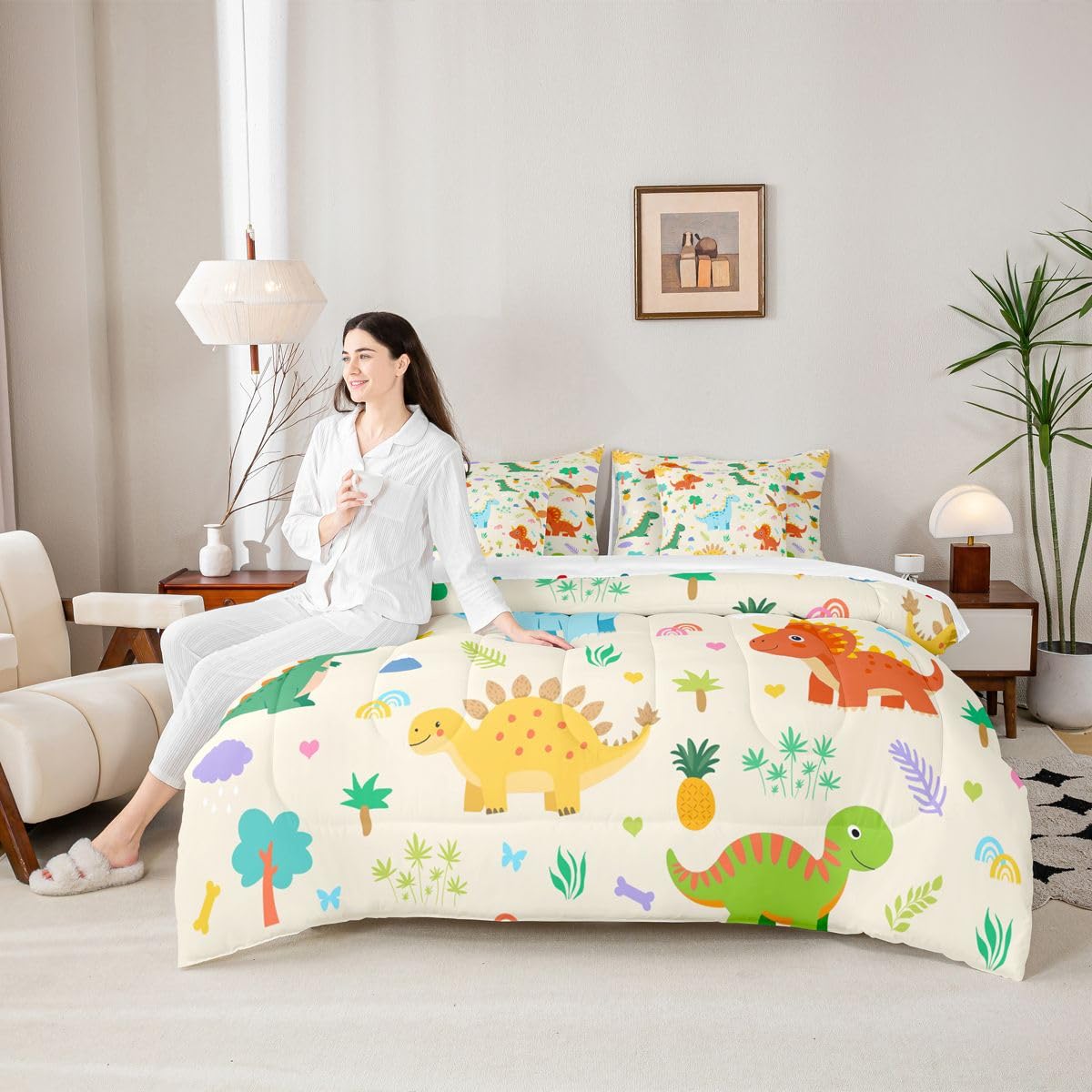 Feelyou Cute Dinosaur Comforter Set with Sheets 7 Piece Full Size Boys Dinosaur Bed in a Bag Kids Boys Girls Cartoon Animal Bedding Set Bedroom Decor Breathable Soft Lightweight Microfiber
