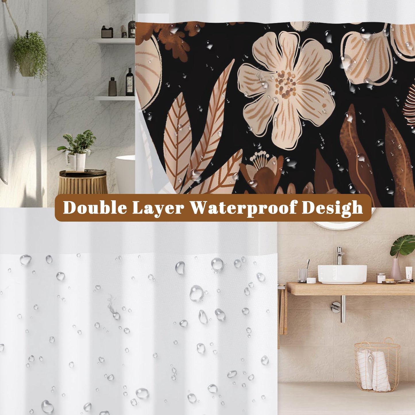 Xiazhilaio Dark Floral Shower Curtain No Hooks with Liner - 71″W x 74″L Waterproof Fabric with Mesh Top Window, Abstract Botanical Plant Leaves Pattern Bath Curtain for Boho Modern Bathroom Decor