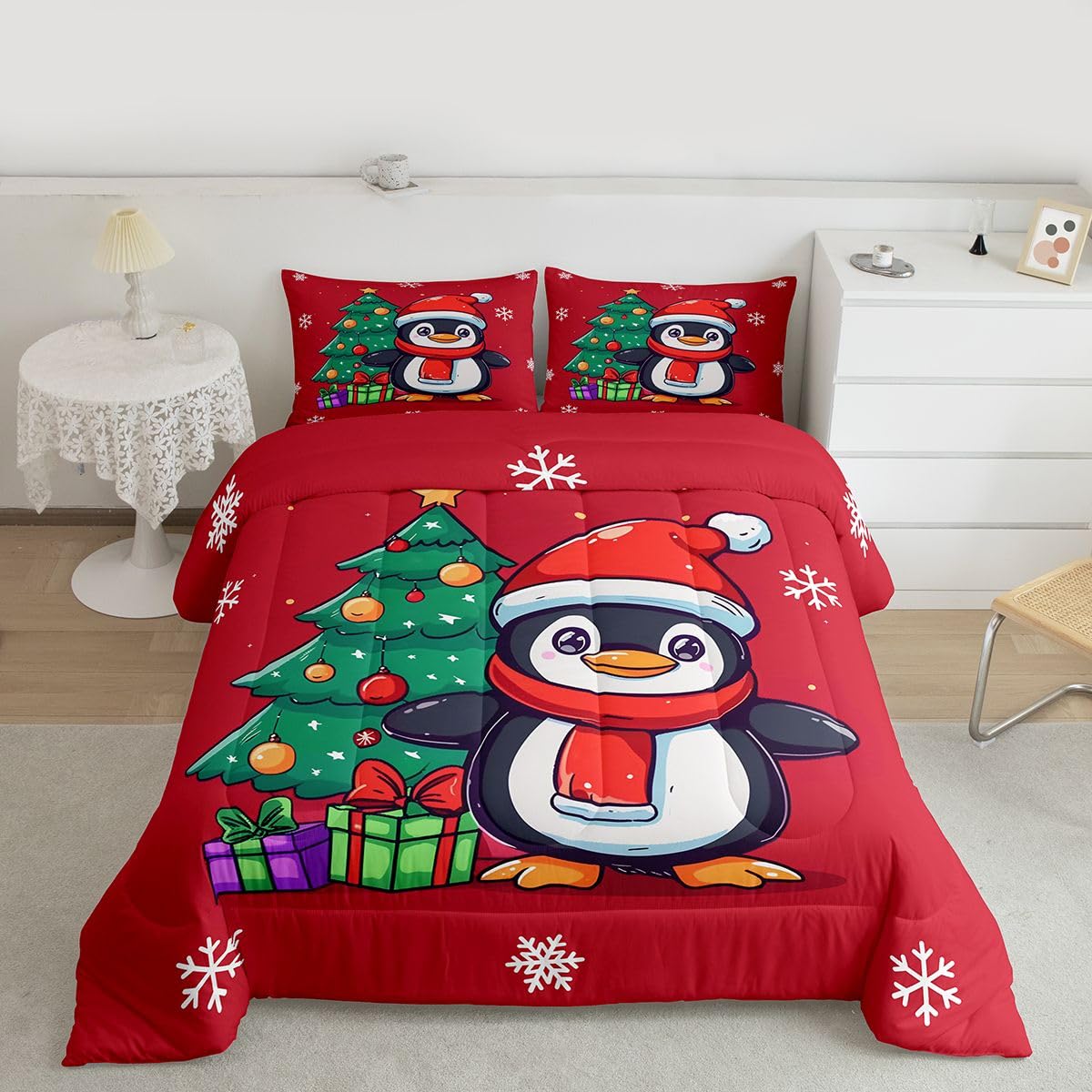 Erosebridal Christmas Penguin Comforter Set Queen Santa Hat Penguin Bedding Set Antarctic Animal Print Comforter for Kids Boys Girls,Xmas Tree Snowflake Gifts Quilt Duvet