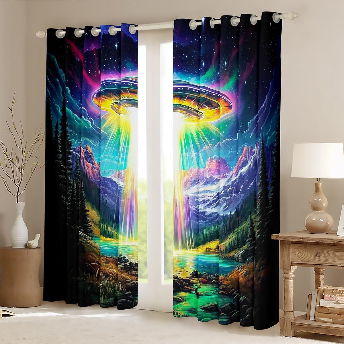 Feelyou Kids Spaceship Curtains,Alien Spaceship Window Curtains for Bedroom Living Room,Rainbow Spaceship Outer Space Window Drapes,Soft Blackout Curtains, 42W X 84L,2 Panels