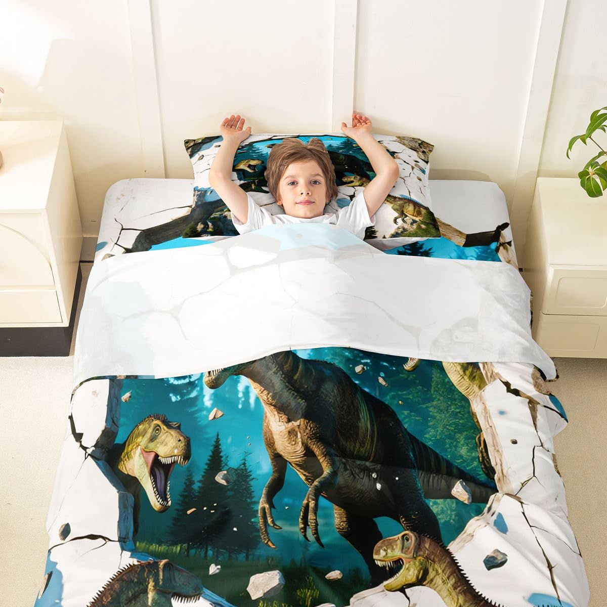 Feelyou Dinosaur Bed Sheets Set Twin Size 3D Digital Print Deep Pocket Fitted Sheet Jungle Dino Bedding Sets Wild Animal Soft Bed Set 3Pcs with 1 Pillow Cases Blue White Green