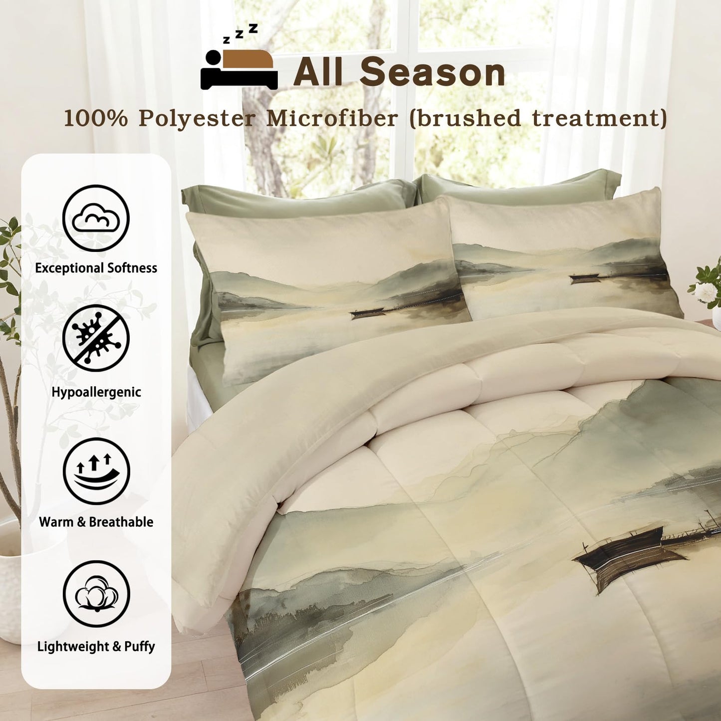 TANCAPRIUM Asian Comforter Set Twin - Japanese Landscape Bedding Set & 2 Pilow Cases for All Season - Soft Reversible Down Alternative 3 Piece. Asian Bedrom Decor