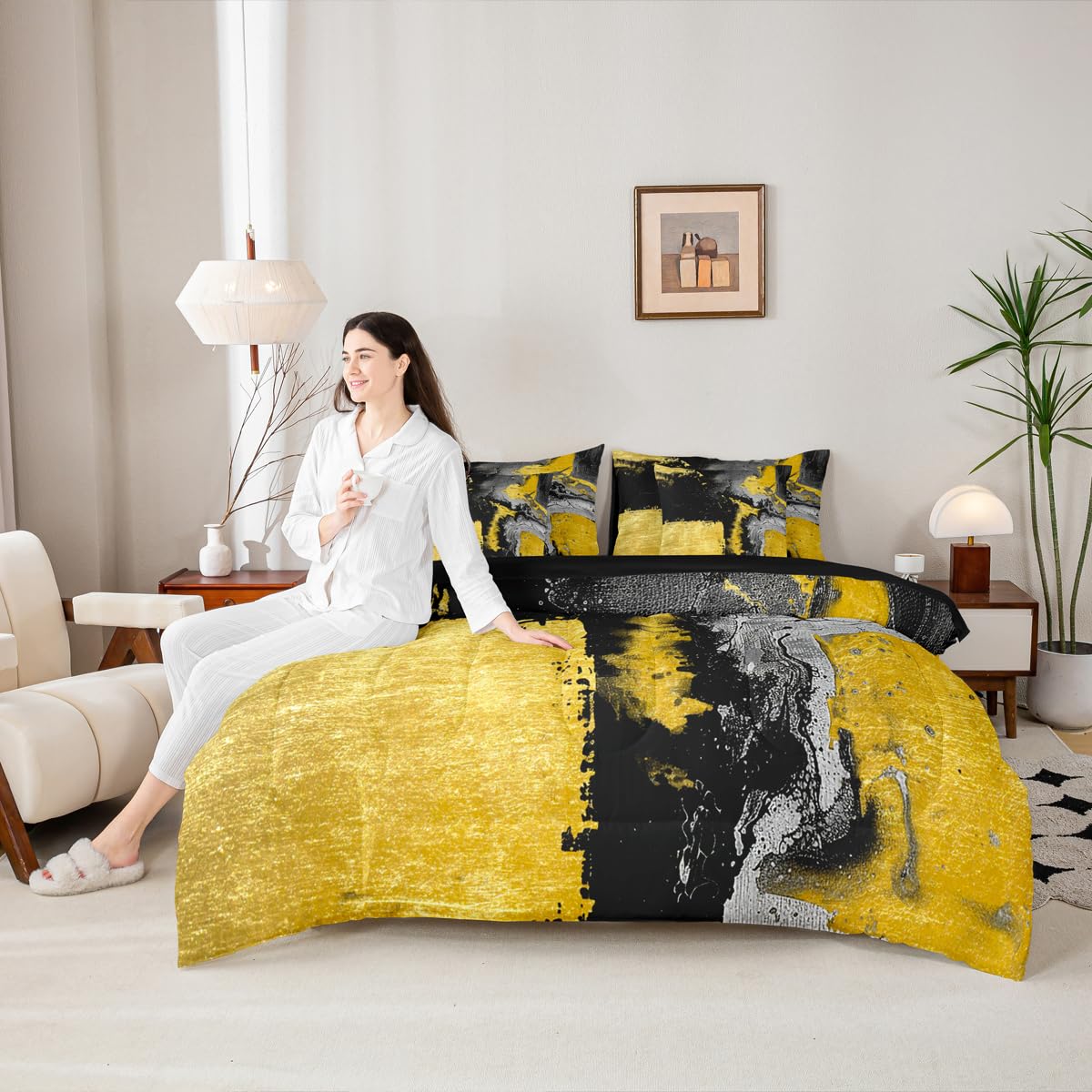 Feelyou Abstract Comforter Set with Sheets 7 Piece King Size Modern Abstract Art Bedding Set for Kids Boys Girls Luxury Bed in a Bag Geometric Room Decor Yellow Black Soft Lightweight Microfiber