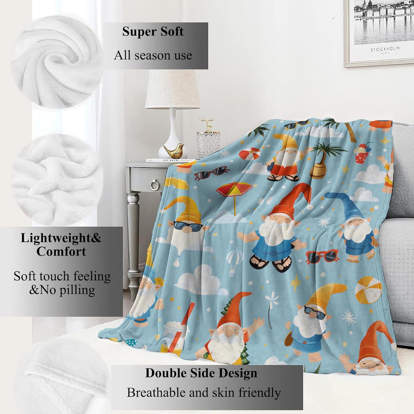 VODRM Beach Summer Gnome Blanket Cheerful Gnomes with Palm Trees Throw Blankets, for Kids,Lightweight Soft Fleece Cozy for Sofa Couch Bed Room Travel Decor 50x60in