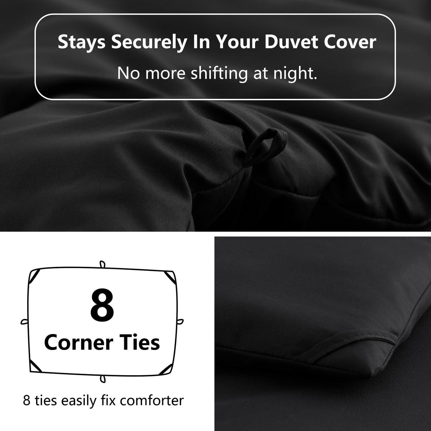 HIMEET King Comforter Set 3 Piece, 270GSM Down Alternative Fill, Oeko-TEX Certified, Quilted with 8 Corner Ties, All Season Bedroom Decor Bedding, 1 Comforter (104"x90") with 2 Pillowcases, Black