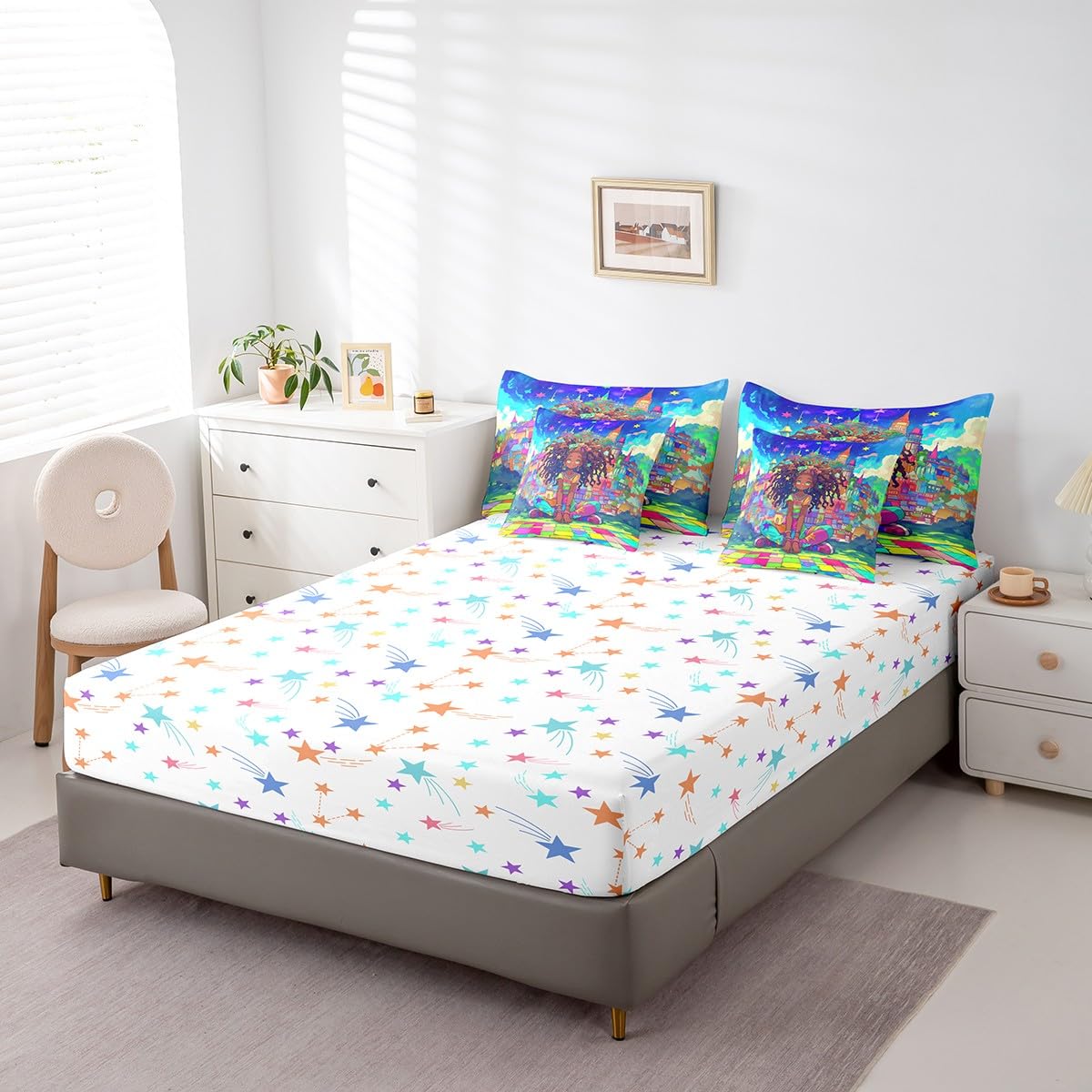jejeloiu Kids Cute Black Girl Comforter Set 7 Pieces Full Size African American Girl Bedding Set Star Print Bed in a Bag with Comforter, Sheets, Pillowcases & Cushion Covers（No Glitter）