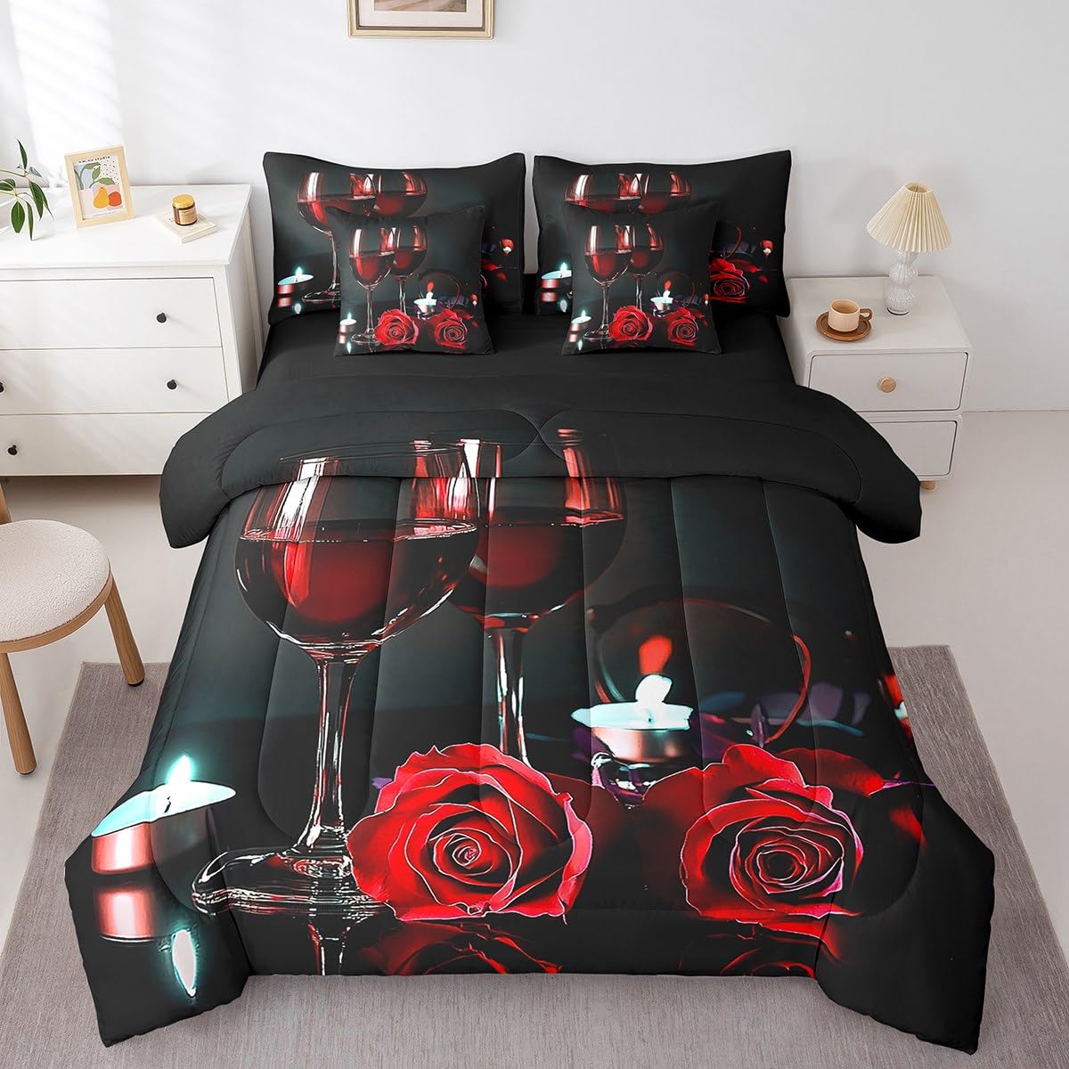 Erosebridal Red Rose 7 Piece Comforter Set Full Bed in A Bag Romantic Valentine Bedding Set for Grils Women Wine Glass Candles Duvet Insert Rose Floral Petals Sheet Set with Comforter