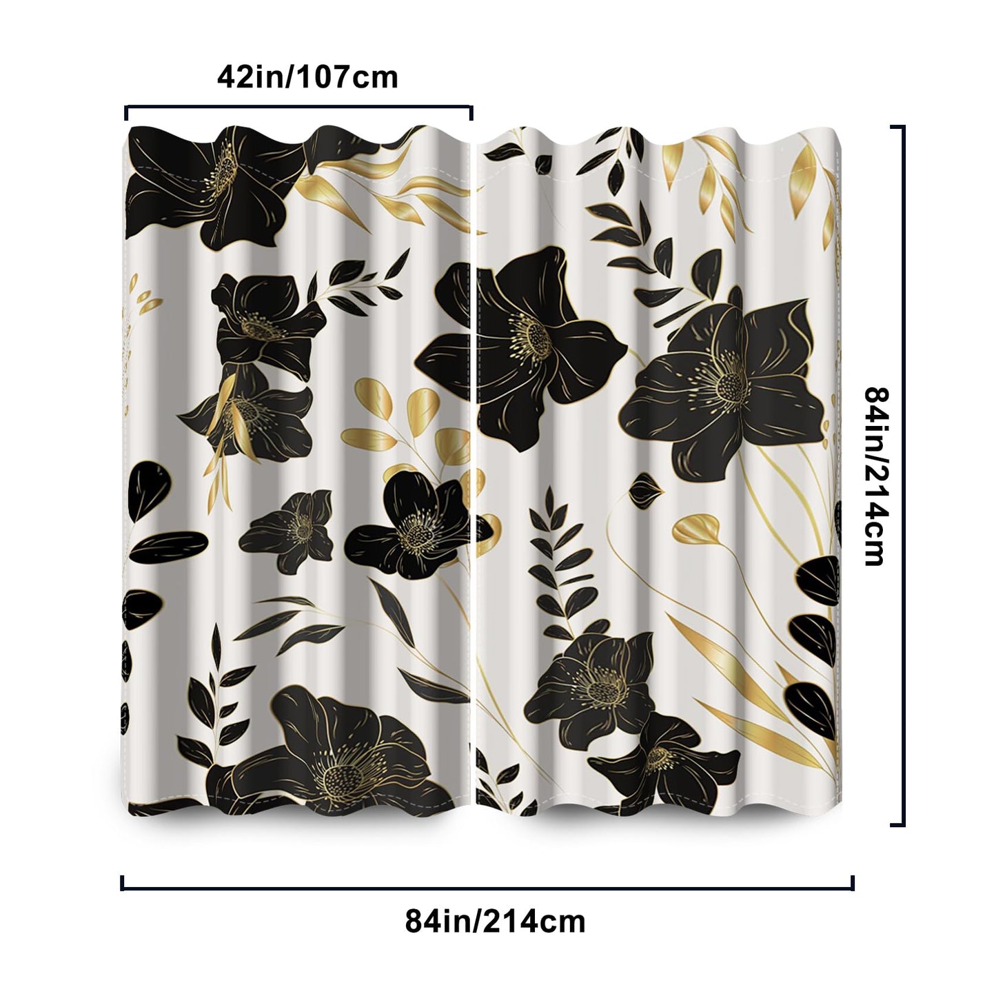 Yanutan Black Flower Flower Blackout Curtains for Bedroom/Living Room,2 Panels Sets Window Curtain,Gold Black Floral Thermal Insulated Printed Curtains with Grommet,42" Wx84 L