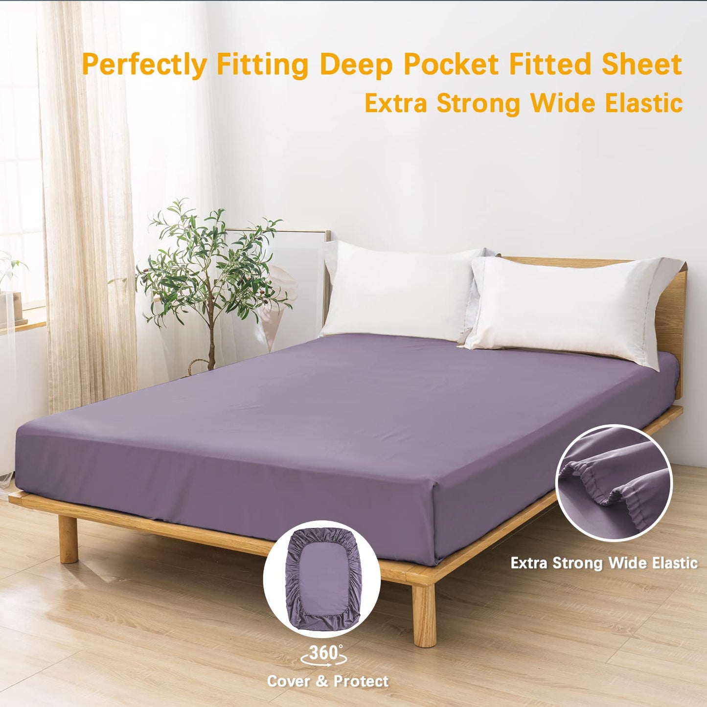 MILDLY Deep Pocket Fitted Sheet Only Queen Size 60"x80" 100% Long Staple Cotton Purple Breathable Bottom Sheet Fits Up to 14" Deep Mattress