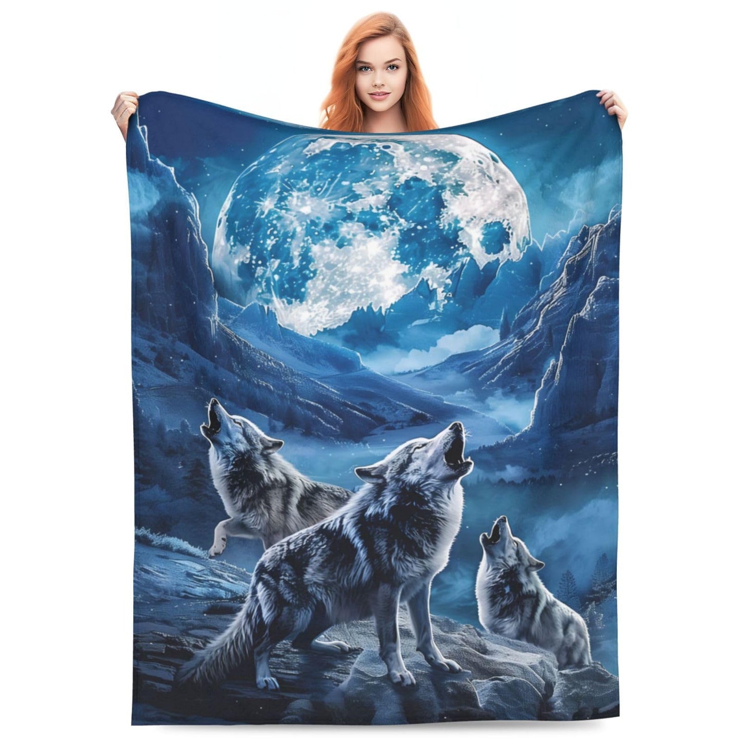 Howling Wolf Blanket Gifts for Adults Kids, Flannel Moon Wolf Pattern Throw Blankets for Bed Living Room Sofa Couch Traveling Camping, Soft Warm Lightweight Plush Wolf Decor 50x60in