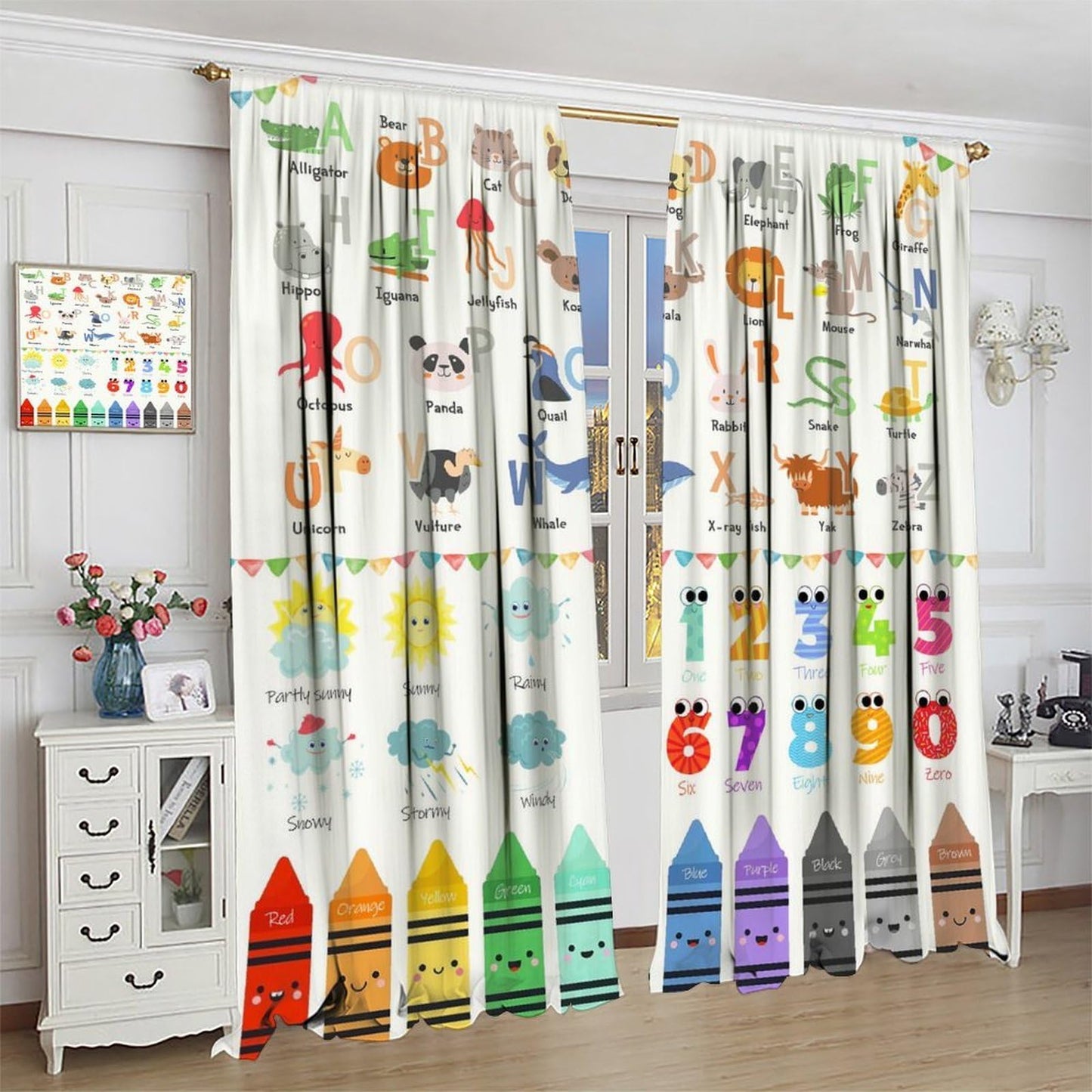 ABC Alphabet Education Curtains for Kids Colorful Cartoon Educational Crayons for Preschoolers to Learn the Alphabet Windows Treatments for Nursery Boys Bedroom Living Room 42x44.5in（No Blackout）