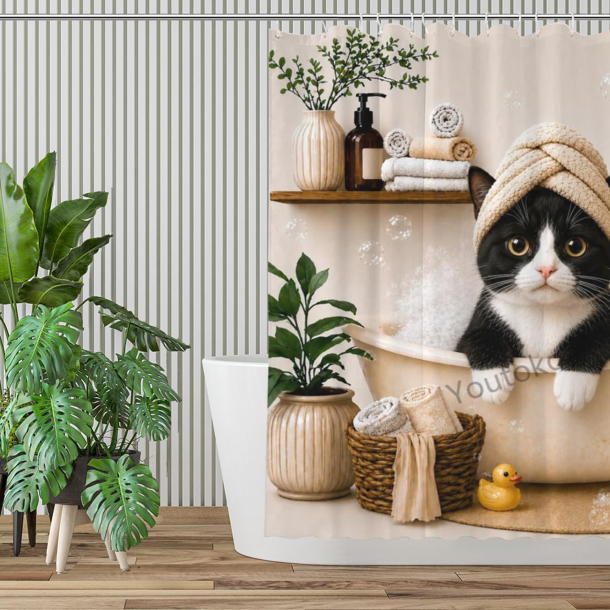 Youtoko Funny Tuxedo Cat Shower Curtain Cute Animal Bubble Bath Bathtub with Bubbles Fabric 72x72 with 12 Hooks Waterproof Washable Polyester Bathroom Decor