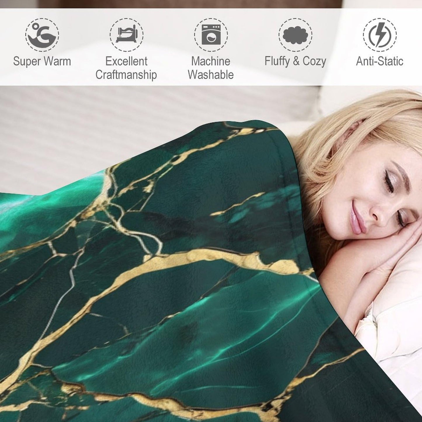 Marble Throw Blanket, Modern Luxury Foil Texture Hunter Green White Gold Marble Super Soft Fuzzy Fluffy Blanket for Couch & Bed, Cozy Sofa Warm Blanket for Travel Camping 40"x50"