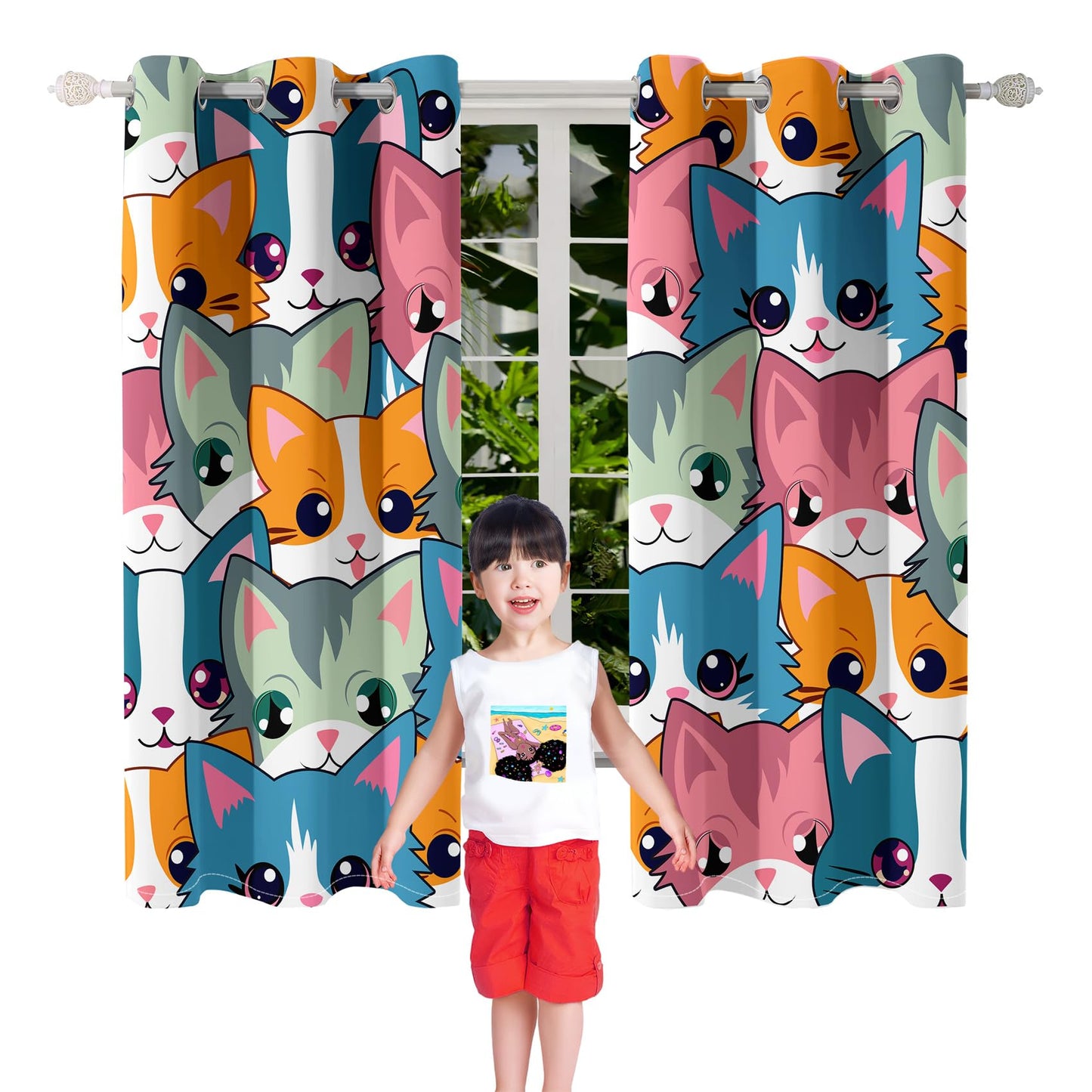 Kossmjx Cat Blackout Curtains for Girls - 2Pcs Cute Cartoon Cat Patterns Curtain Panels for Girls Bedroom Lovely Cats Drapes Darkening Window Curtain for Living Room Bedroom, 82" x 63"