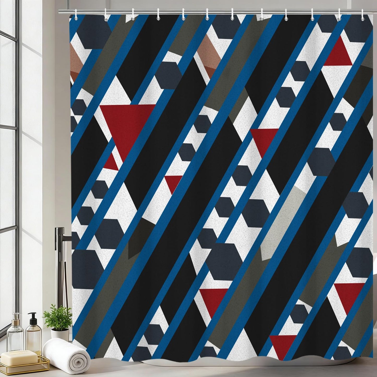 deFouliao Blue Geometric Shower Curtain Abstract Modern Black Red Geometry Art Bathroom Curtain Sets for Bath Home Decor Luxury Hotel, Waterproof Fabric with Hooks, 72x72 Inch