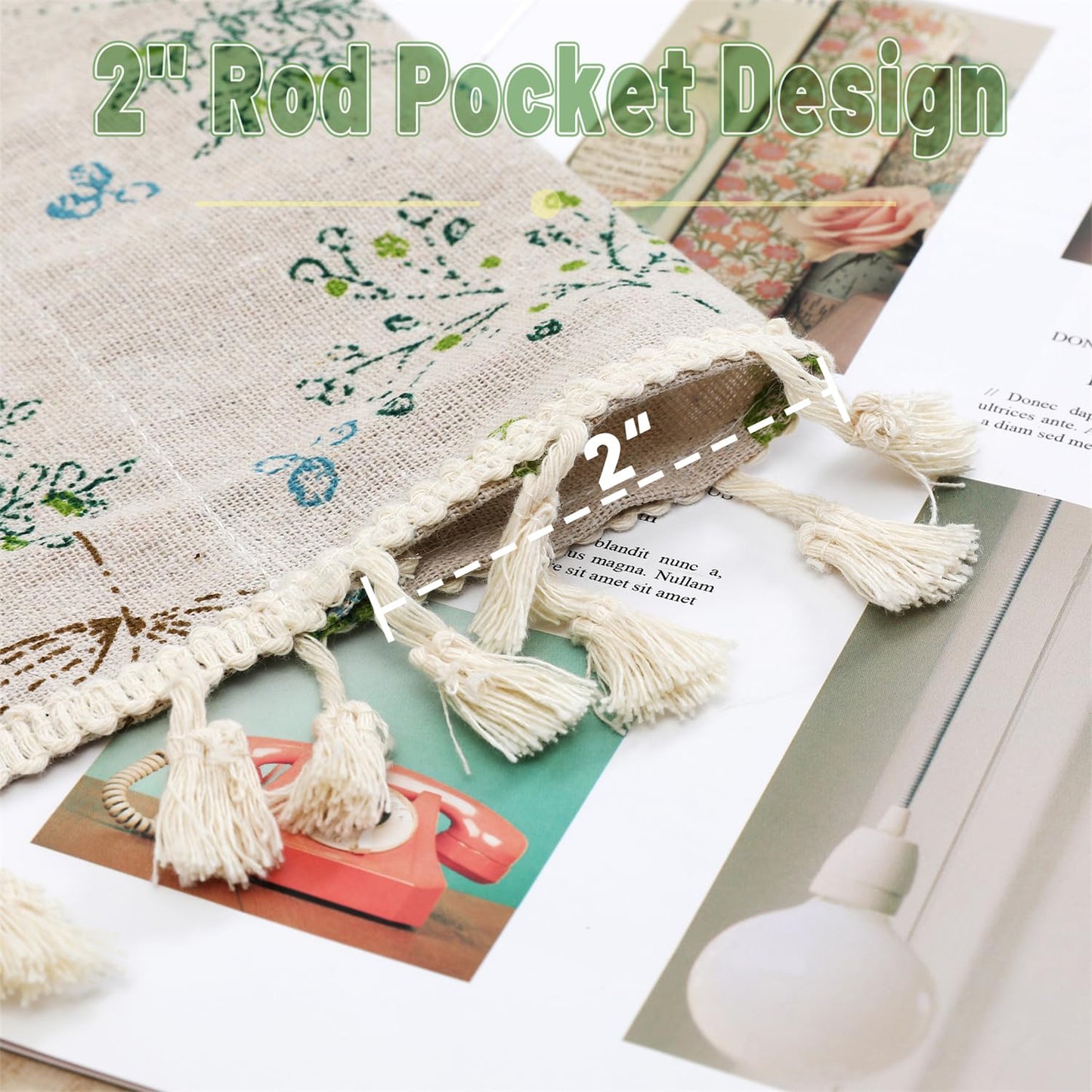 Moslovstar 2 Panels Linen Tassels Curtains Farmhouse Green Branch Leaves Vintage Semi Sheer Window Curtain for Kitchen Bathroom, 26x36in Tiers Curtain