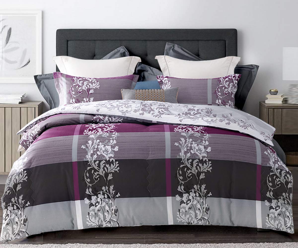 SLEEPBELLA Comforter King Size, 600 Thread Count Cotton Grey Paisley & Purple Comforter Sets, Down Alternative Bedding Set 3Pcs(King, Purple Paisley)
