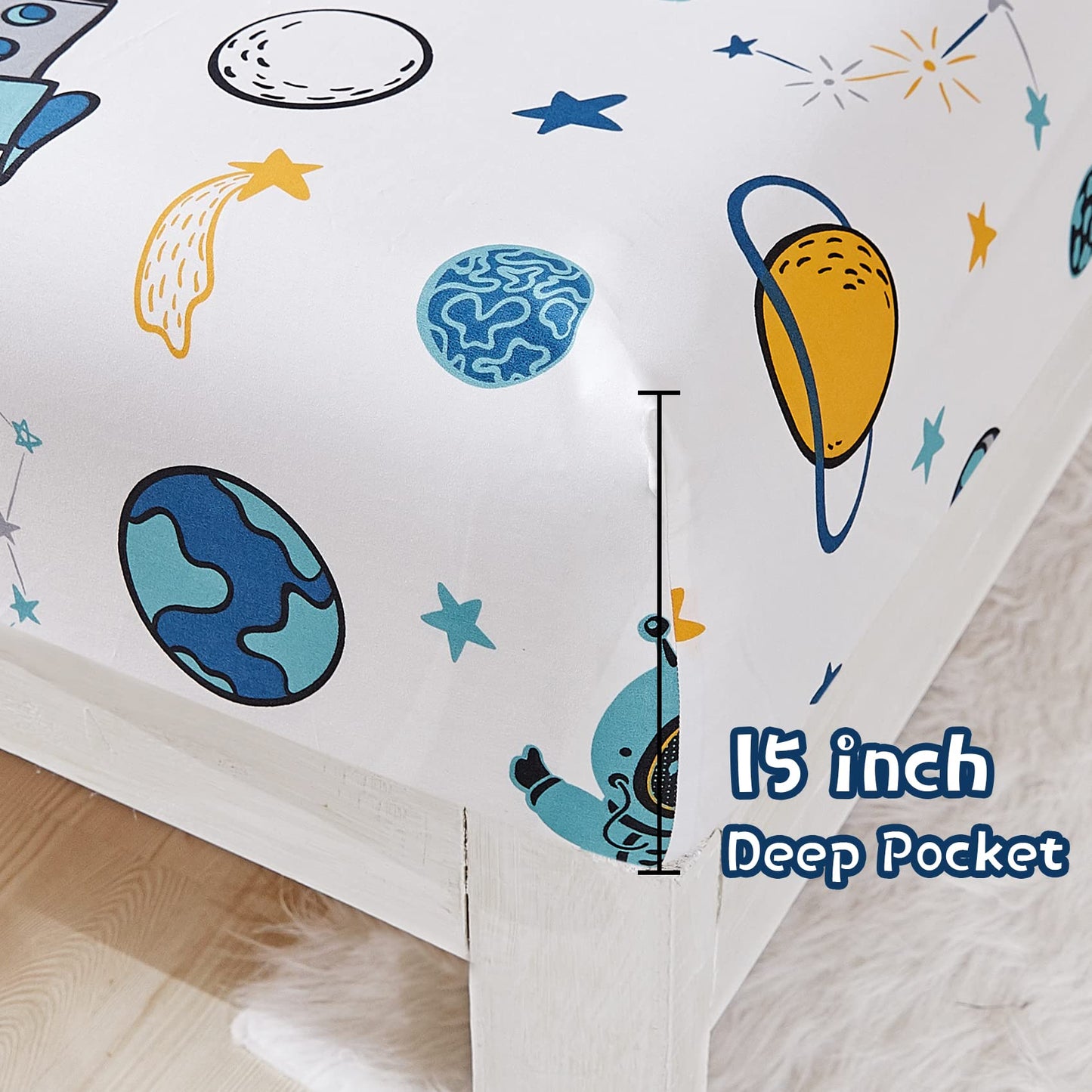 JSD Blue Astronaut Kids Sheet Set Twin Size, 3 Piece Space Rocket Printed Microfiber Bed Sheets Deep Pocket