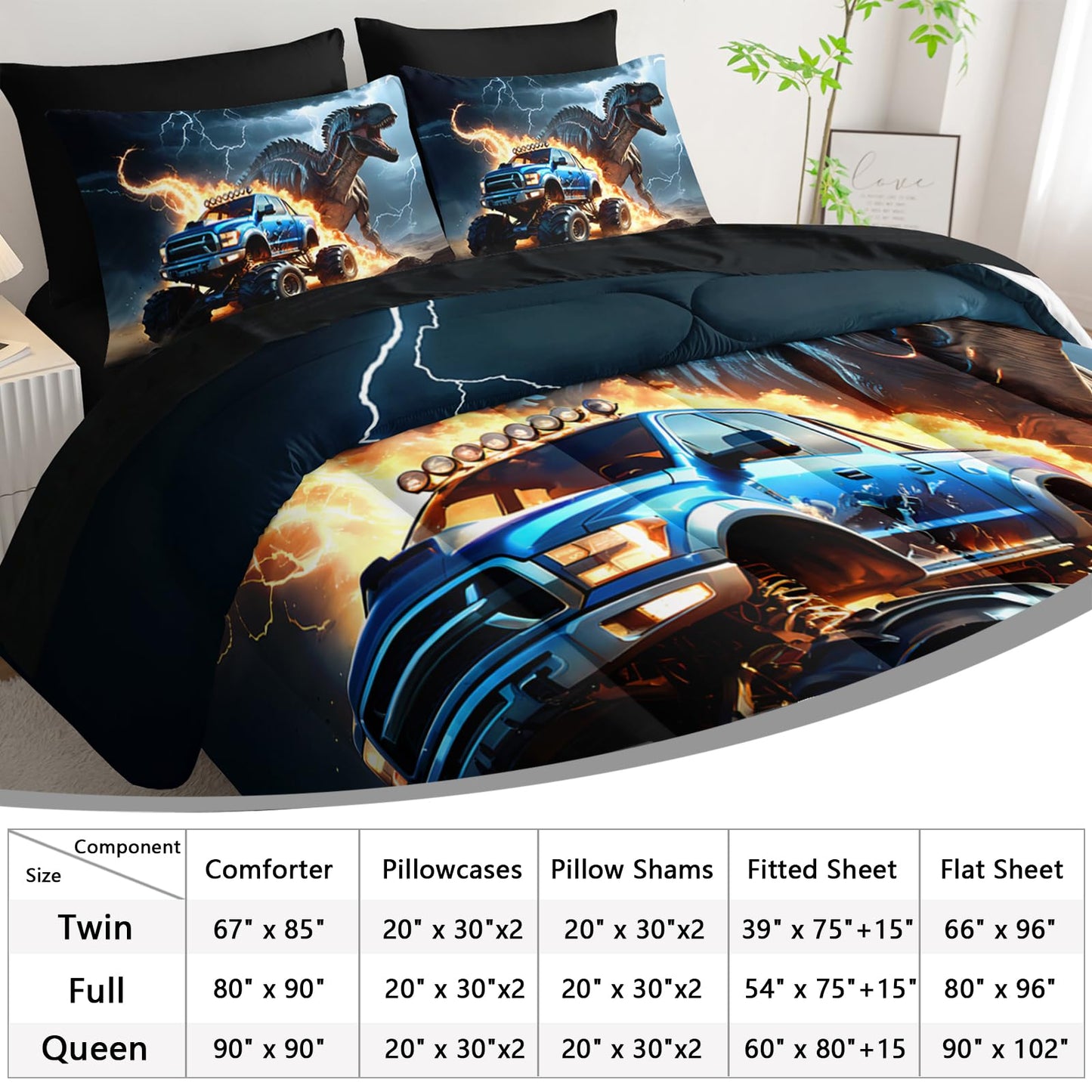 AILONEN Boys Dinosaur Comforter Set Full,7Pcs Cartoon Monster Truck Bed in a Bag for Kids,Soft Breathable,3D Printed Comforter & Fitted Sheet with Flat Sheet & 2 Pillowcases,2 Pillow Shams,Black