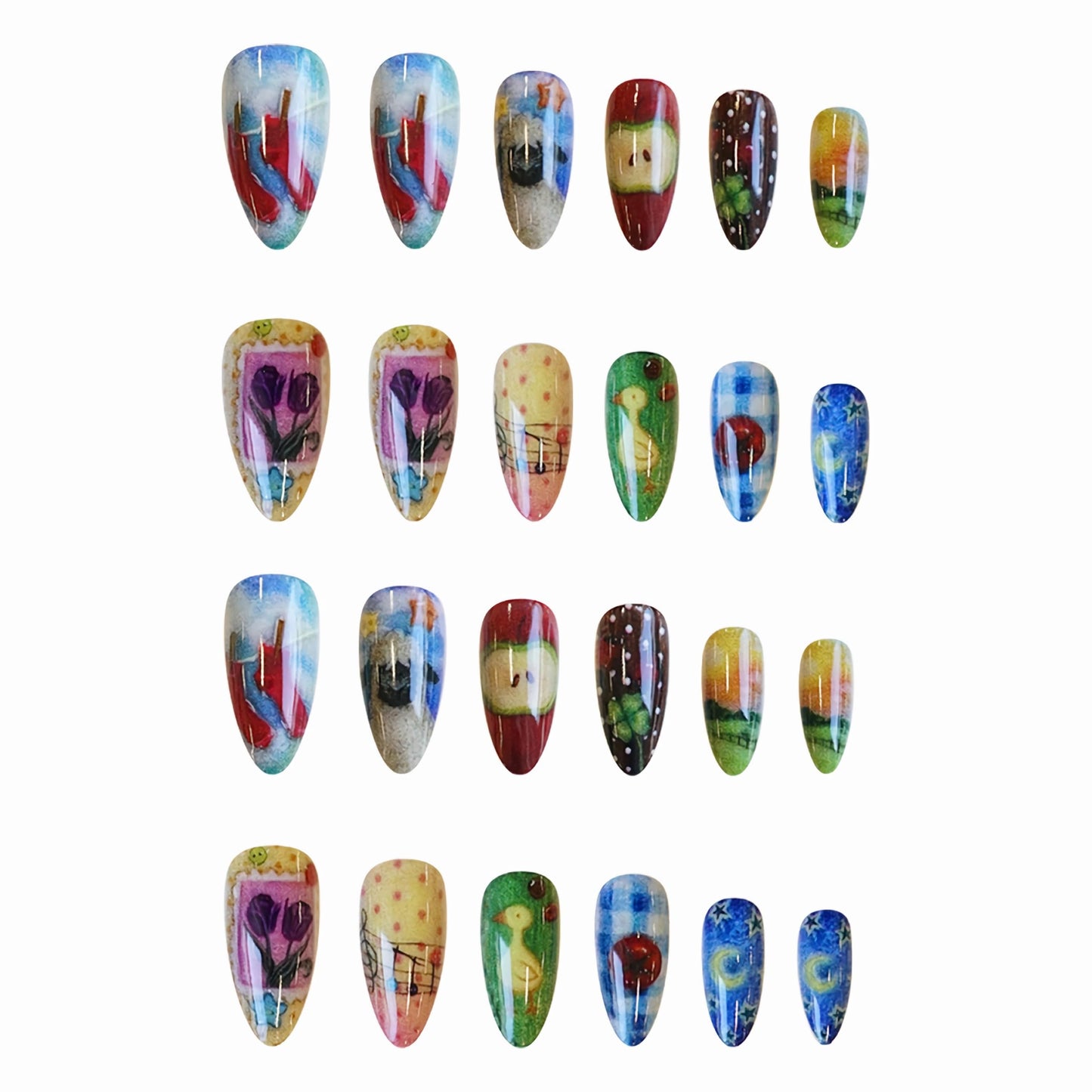 BABALAL Press on Nails Medium Almond Fake Nails Glue on Nails Colorful Acrylic False Nails Anime Print Cute 24Pcs Custom Stiletto Full Cover Artificial for Women Girls