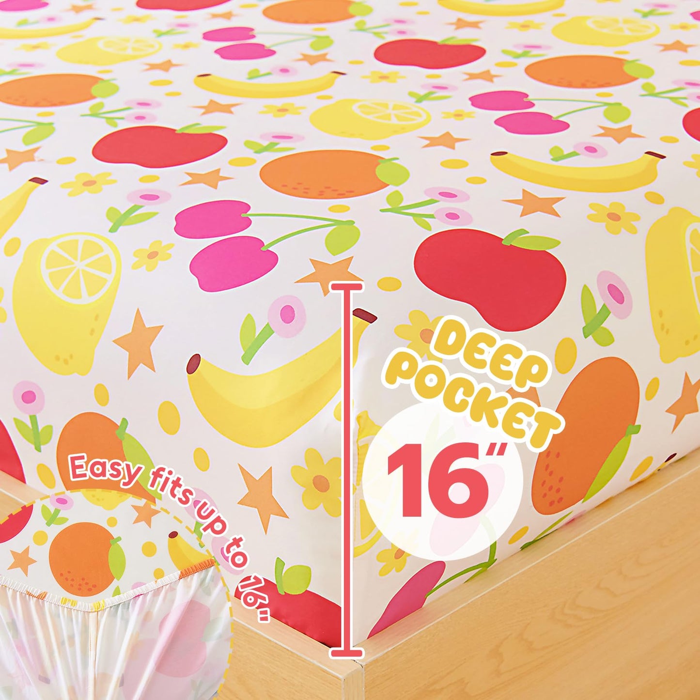 Homilay Full Sheet Set Kids - Banana Orange Lemon Cherry 4 Pieces Soft Microfiber Cartoon Style Bedsheets for Boys Girls Teens, Oeko TEX Breathable 15 Inch Deep Pocket Sheets(Fruit)