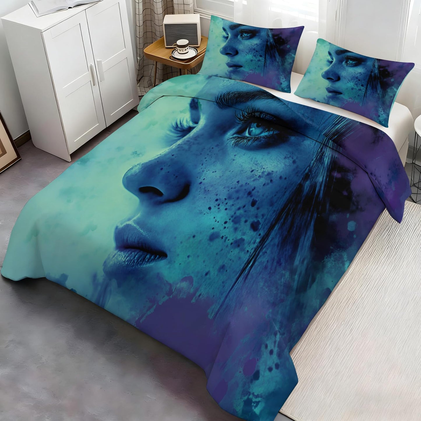 PAISUOQ Girl Bedding Sets Full, Gothic Girl Comforter Cover with Zipper Ties, Blue Duvet Cover with 2 Pillowcases, 3 Pieces，Bedroom Decor & Gifts