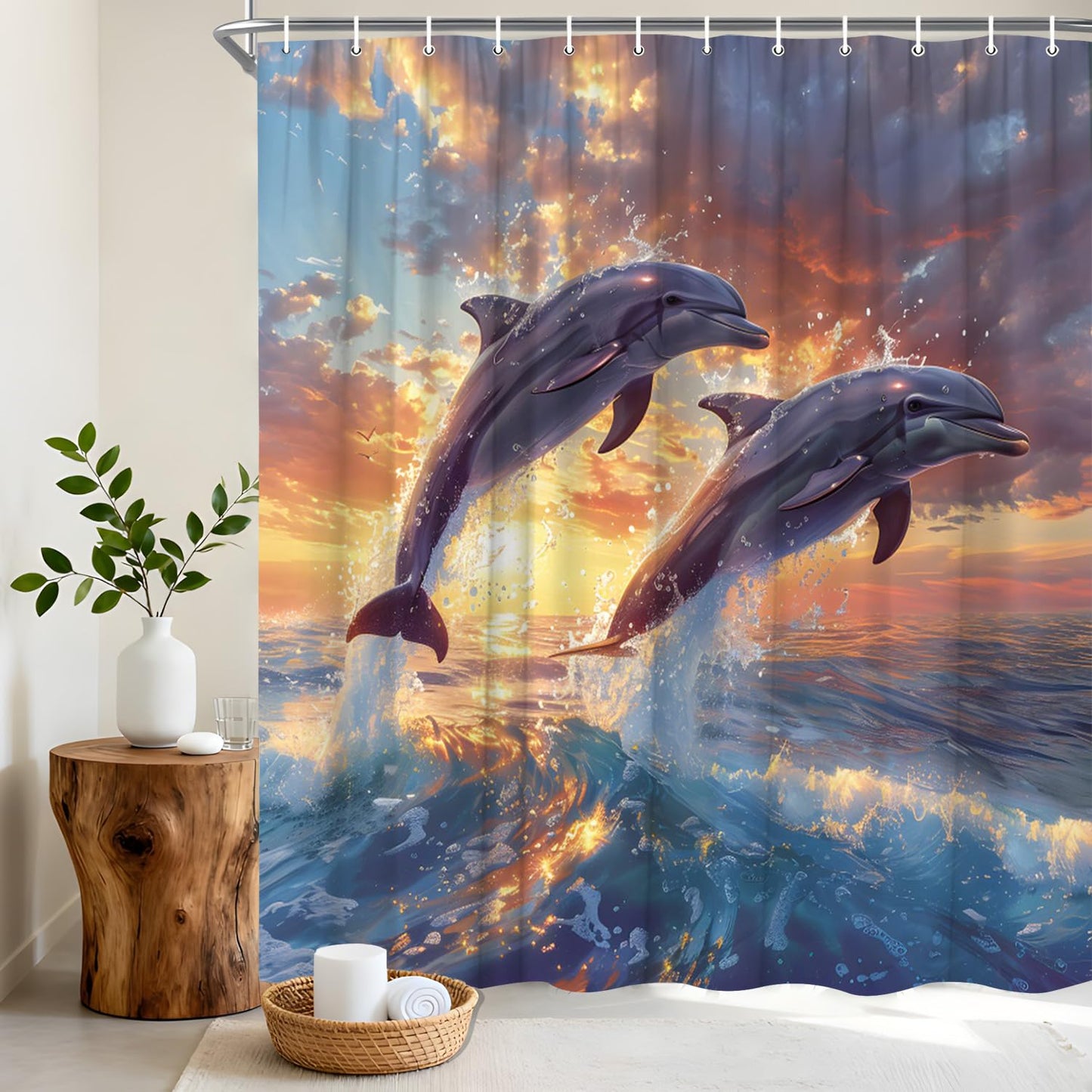 YSSFAV Jumping Dolphin Shower Curtain Cute Sea Animals Marine Life Ocean Beach Coastal Bathroom Decor Curtains Set with Hooks, 70" W x 70" H