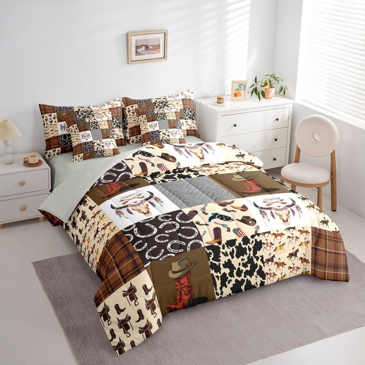 Erosebridal Country Western Twin Comforter Set with Sheets | Cowboy Boots Hat Rustic 7-Piece Bedding Set Horse Decor Cowboys Bed in a Bag, Farmhouse Cowhide Cow Skull Bed Sets,Brown