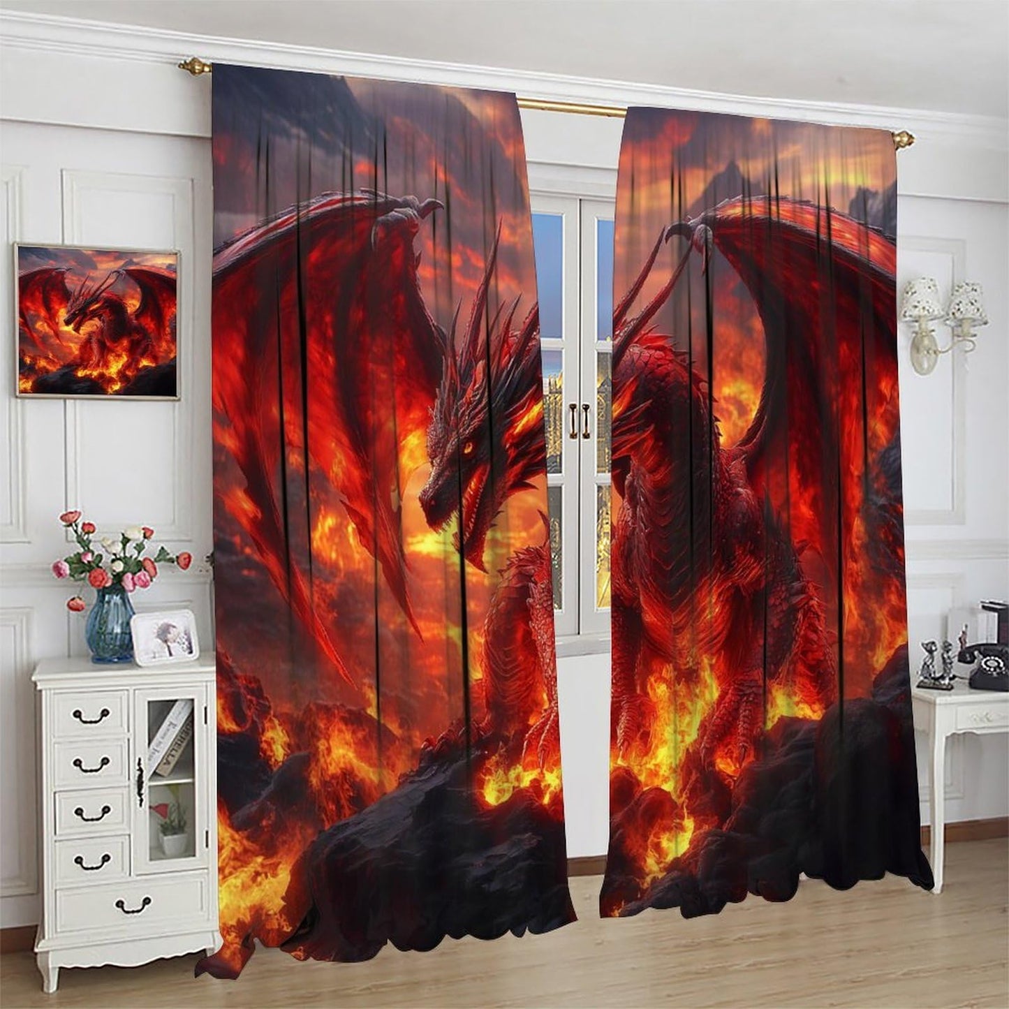 wlsgdsg Western Dragon Curtains for Boys,Fantasy Myth Red Volcano Lava Magic Wings Dragon Fire Breathing Window Treatments Print for Kids Teenage Bedroom Living Room 42x45in（No Blackout）