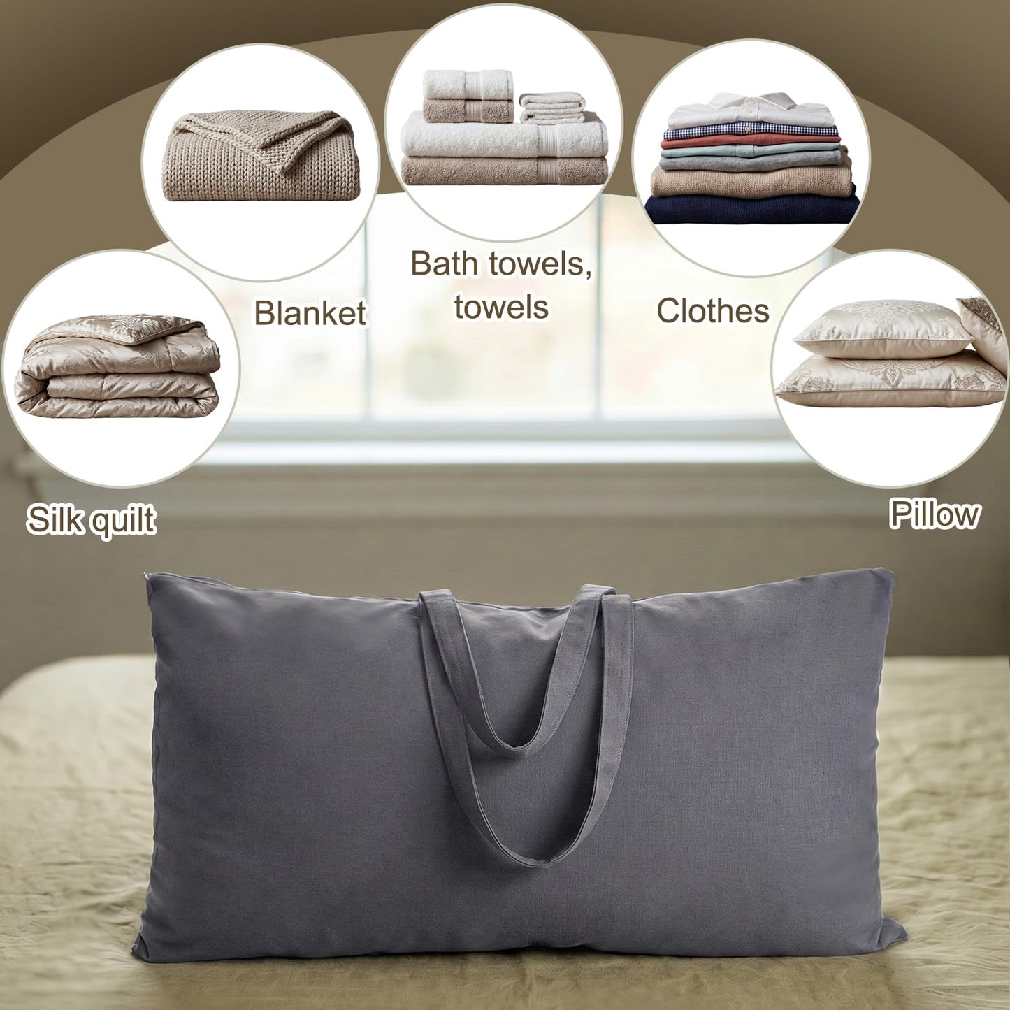 GliCraft 2 Pack 100% Cotton 20"x 36" Grey Canvas Travel Pillow Storage Bag with Handles for Home Travel Beddings Comforters Blankets Saree Linens Organizer Thick Soft Breathable Closet Bags