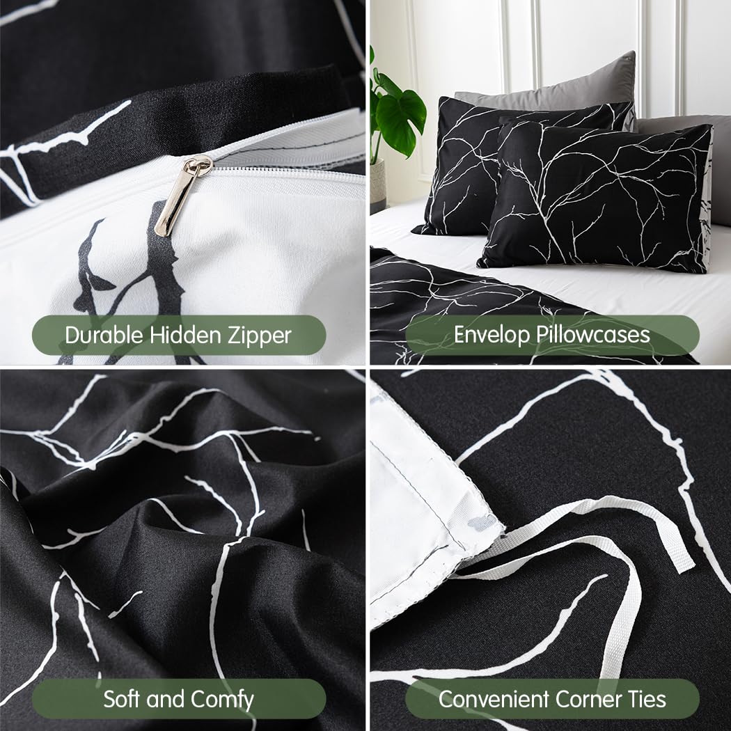 Lekesky Reversible Duvet Cover Queen Size, Black Branch Comforter Cover Queen 3pcs Microfiber Botanical Bedding Set with Zipper Closure Corner Ties