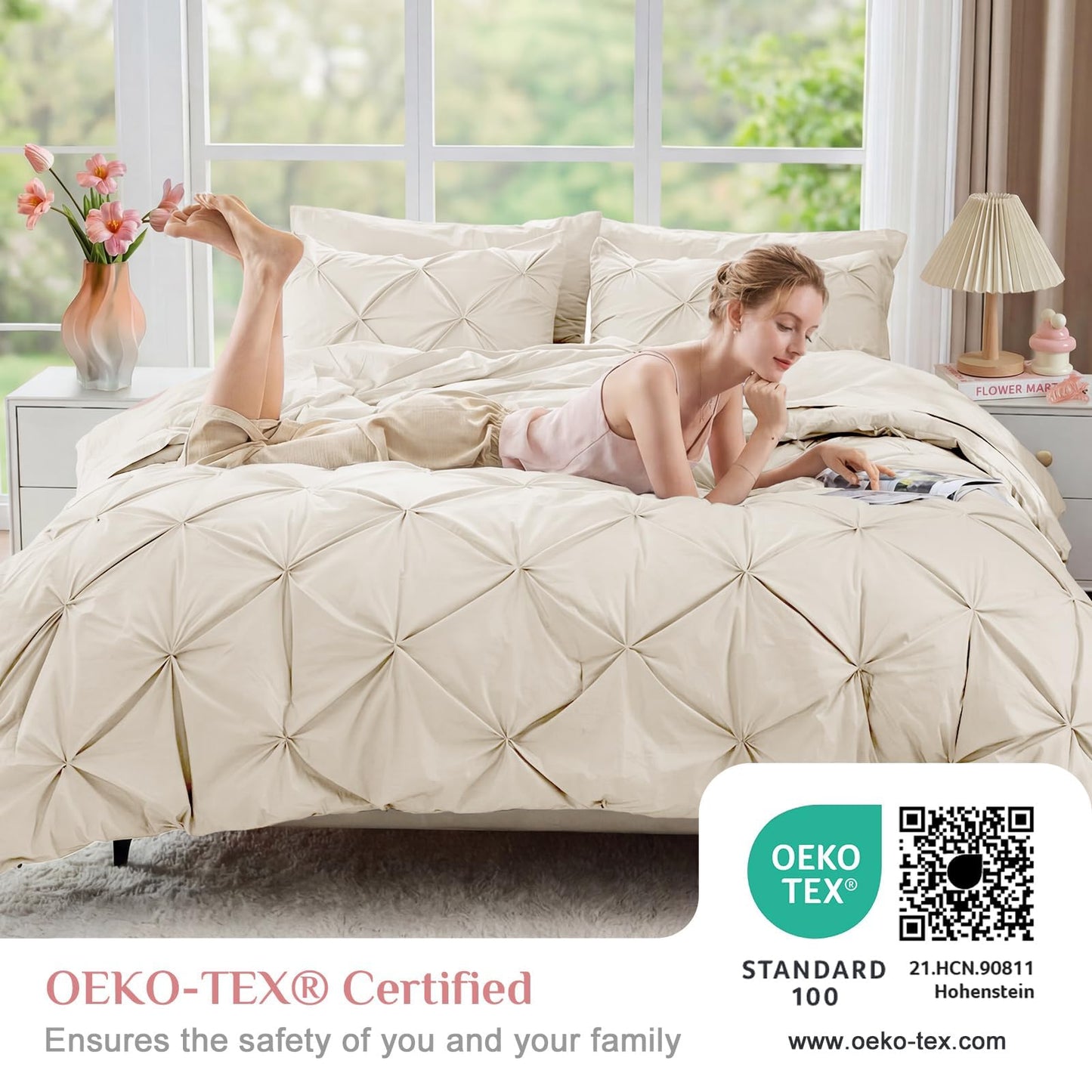 JOLLYVOGUE Queen Comforter Set 7 Pieces - Bed in a Bag Queen for All Season, Pintuck Bedding Comforter Sets with Comforter, Flat Sheet, Fitted Sheet and Pillowcases & Shams, Beige