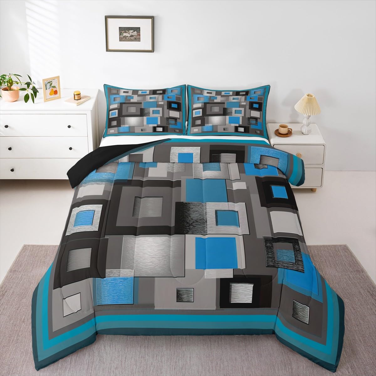 Castle Fairy Modern Comforter Set Queen Size,Blue White Gray Square Bedding Set for Kids Boys Girls Bedroom Decoration,Abstract Grid Art Bed Duvet Insert,Geometric Comforter with 2 Pillowcase