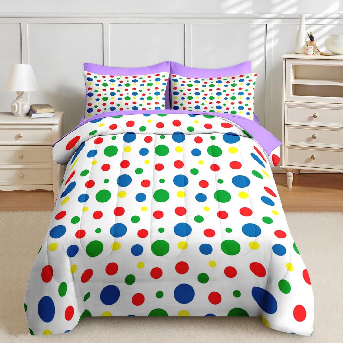 Nesker Comforter Set Queen Size, Rainbow Green Red 7 Pcs Bedding for Kids and Adults, Blue Yellow Polka Dot Bed Sheet Sets with Fitted Sheet 2 Pillowcases & 2 Shams