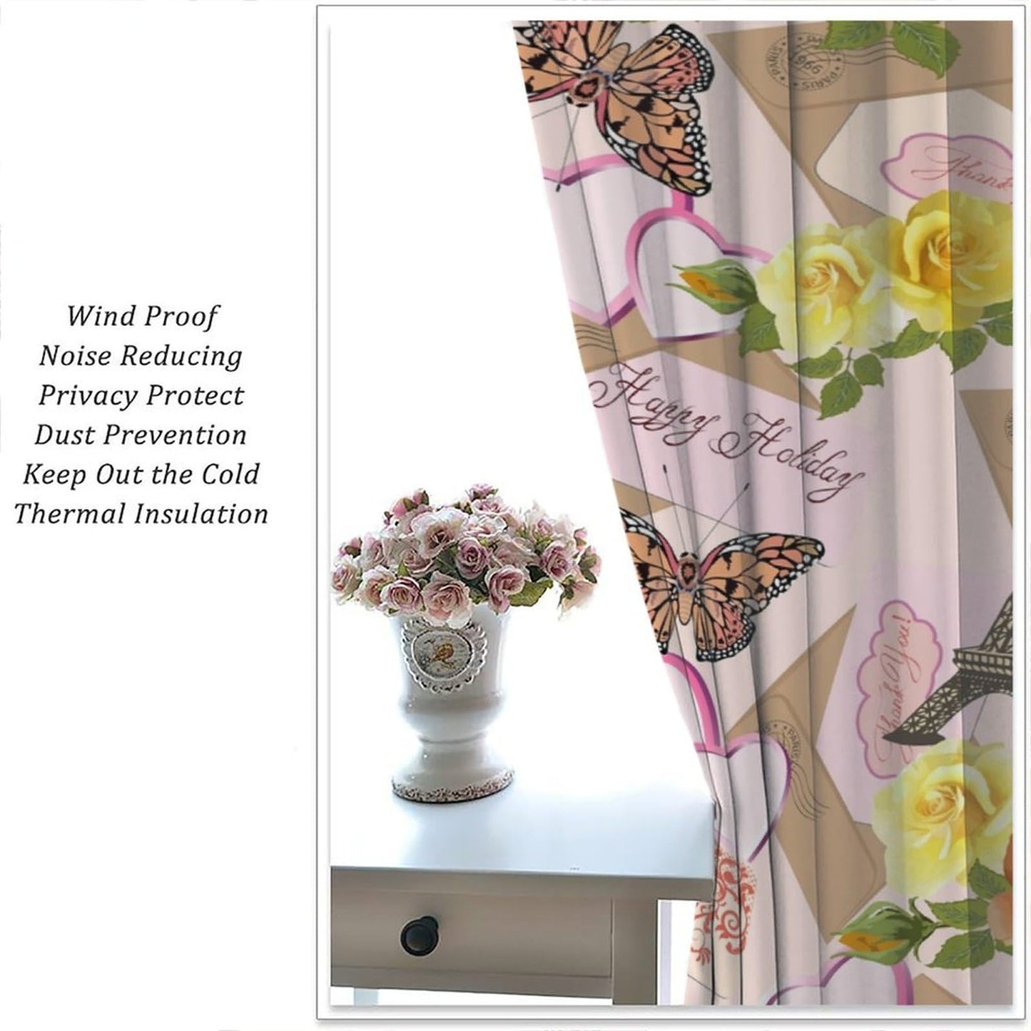 Focusbrite Paris Eiffel Tower Curtains Retro Flowers Butterfly Vintage Tower Pattern Blackout Print Rod Pocket Window Drapes for Bedroom Living Room Set 2 Panels,42x45 Inches