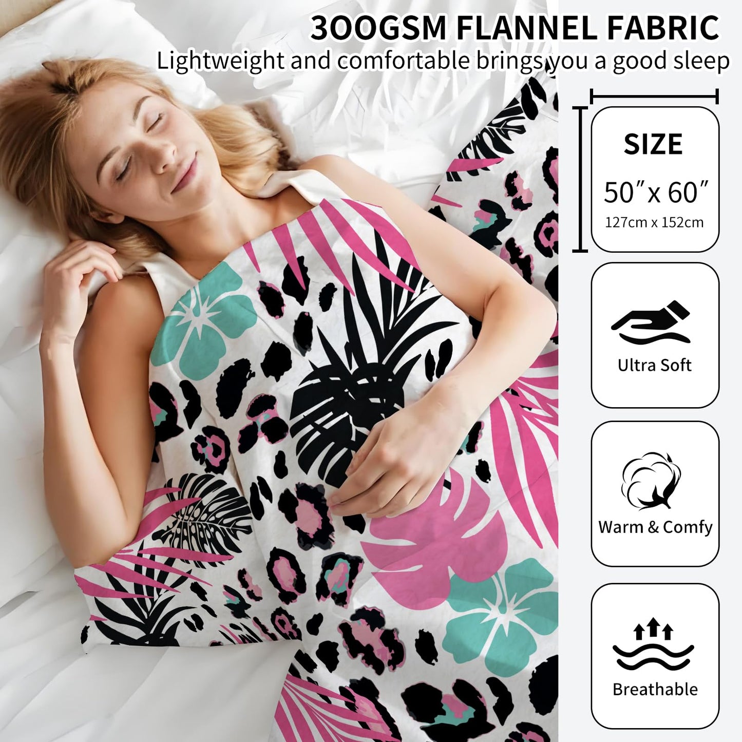 ANIOXCK Throw Blanket for Couch, 300GSM Warm Soft Cozy Flannel Blanket, Cute Blanket for All Seasons Bedroom Home Decor Gifts, Cute Leaf Leopard 50x60 Inches