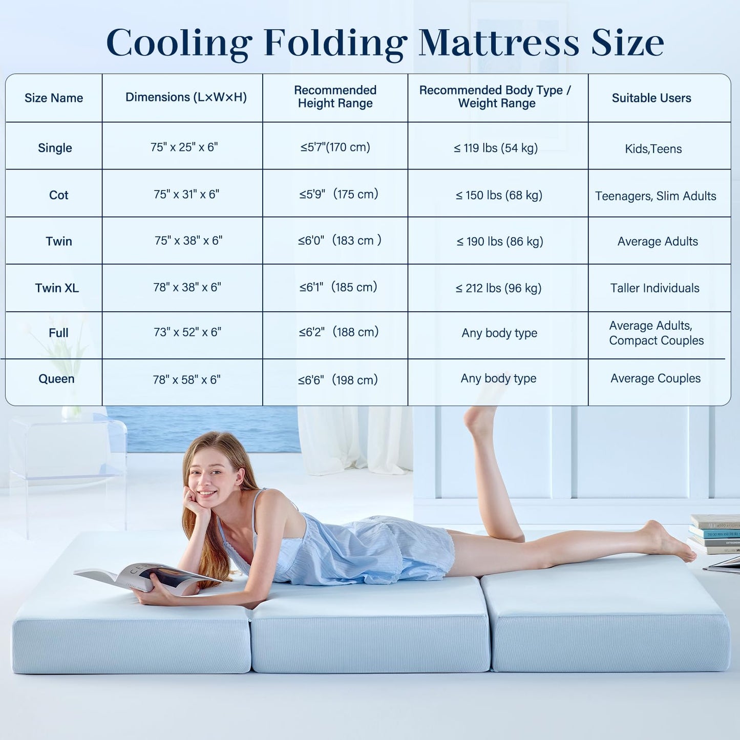 Lazyzizi Cooling Folding Mattress,6 Inch Foldable Mattress with Memory Foam Cold & Breathable Fabric Cover,Trifold Floor Guest Murphy Bed for Camping, RV, Twin