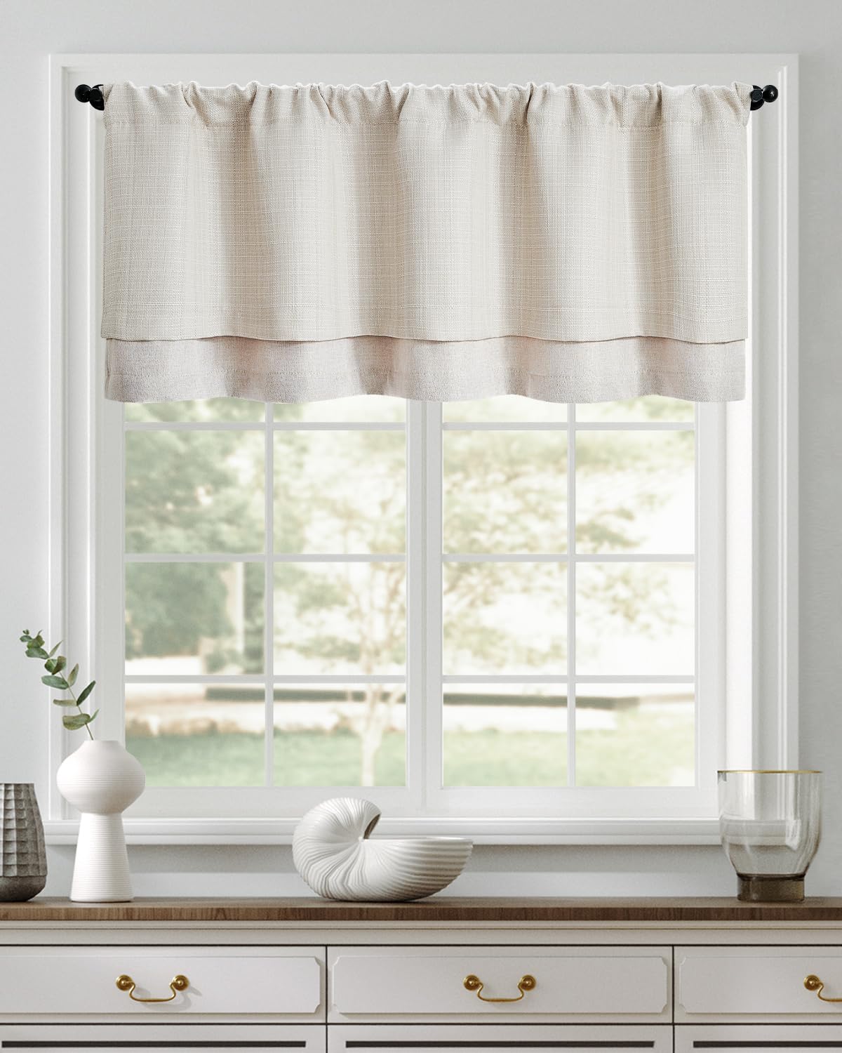 jinchan Faux Linen Valance Kitchen Curtain Light Filter Double Layer 18in