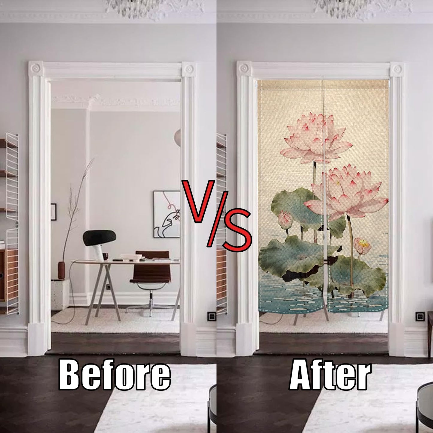 Leowefowa Long Style Noren Japanese Doorway Curtain Traditional Lotus Printed Window Treatment Fengshui Door Curatin Tapestry for Wall Hanging Room Divider Kitchen Home Decor Gift, 33.5"x 70.9"