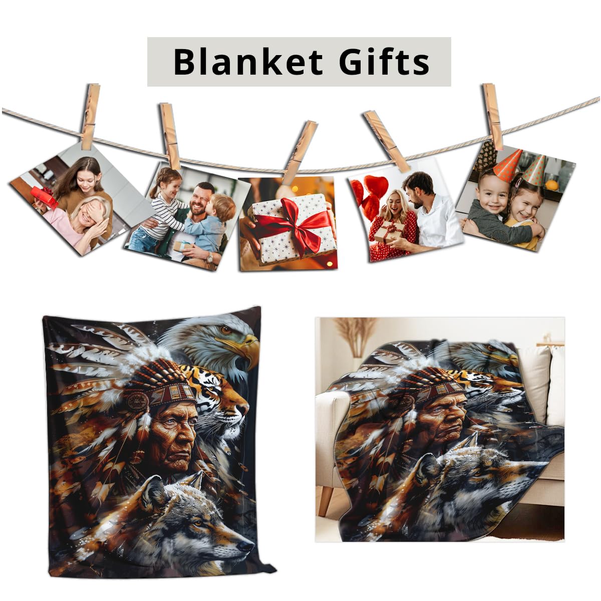 HUNXIAOJ Native American Flannel Blanket Indian Tribal Chief Print Blanket Throw for Couch Bed Soft Bedding Decor Native American Gifts for Boys Men Adults (49"x59")