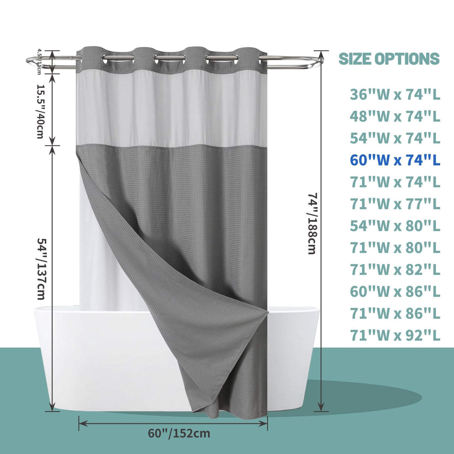 eachope Grey No Hook Waffle Weave Shower Curtain with snap-in Liner Replacement, 230GSM Waterproof Fabric Hotel Shower Curtain Set for Bathroom, Through Mesh Top Window,60Wx74H