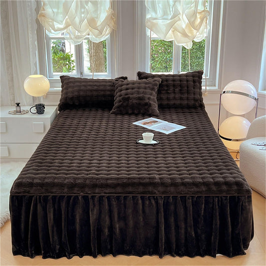 Elastic Bed Sheets, Plush Velvet Fitted Sheet, Winter Warm Thickened Fitted Sheet Bedspread, Soft Bedcover Mattress Cover with Elastic, Various Sizes(Black a,2*Pillow Cover)