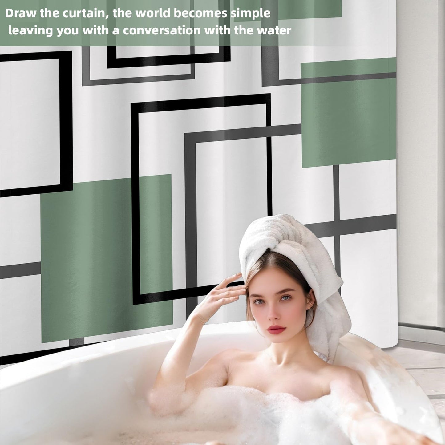 Yieldeer Geometric Shower Curtain, Green and White, 70 x 72 in