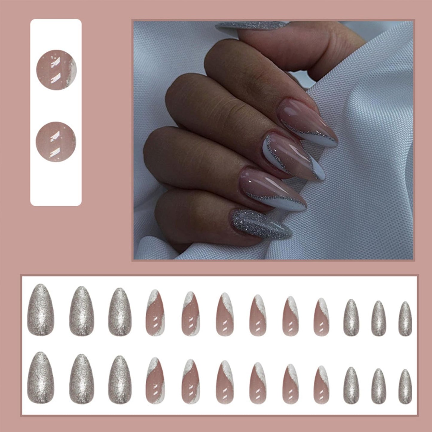 IMSOHOT Almond Press on Nails Glitter French Tips Fake Nails Silver Shiny Glossy Glue on Nails Full Cover Stiletto Acrylic False Nails for Women 24pcs