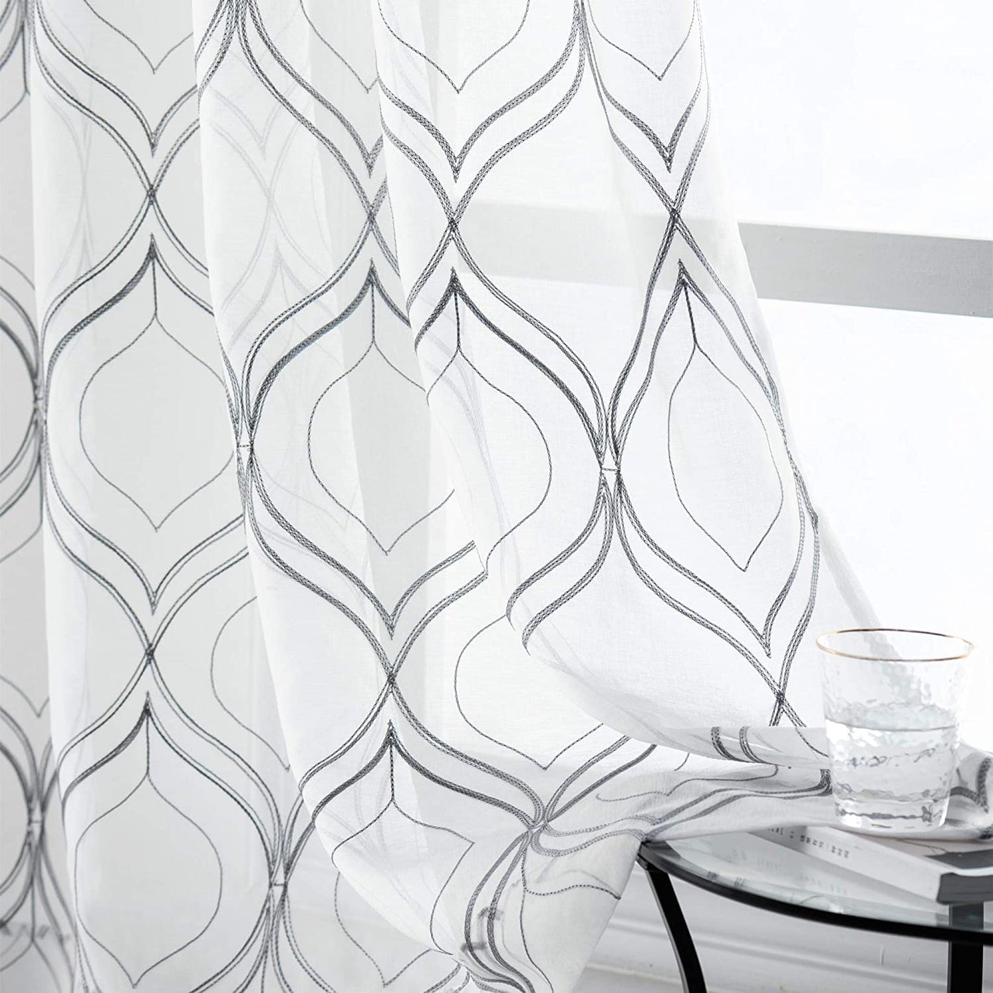 VISIONTEX White Sheer Curtains 84 Inches Long 2 Panels, Light Filtering Grey Moroccan Trellis Embroidered Semi Sheer Voile Drapes, Rod Pocket Textured Window Curtain for Bedroom Living Room 54W x 84L