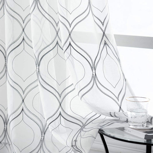 VISIONTEX White Sheer Curtains 84 Inches Long 2 Panels, Light Filtering Grey Moroccan Trellis Embroidered Semi Sheer Voile Drapes, Rod Pocket Textured Window Curtain for Bedroom Living Room 54W x 84L