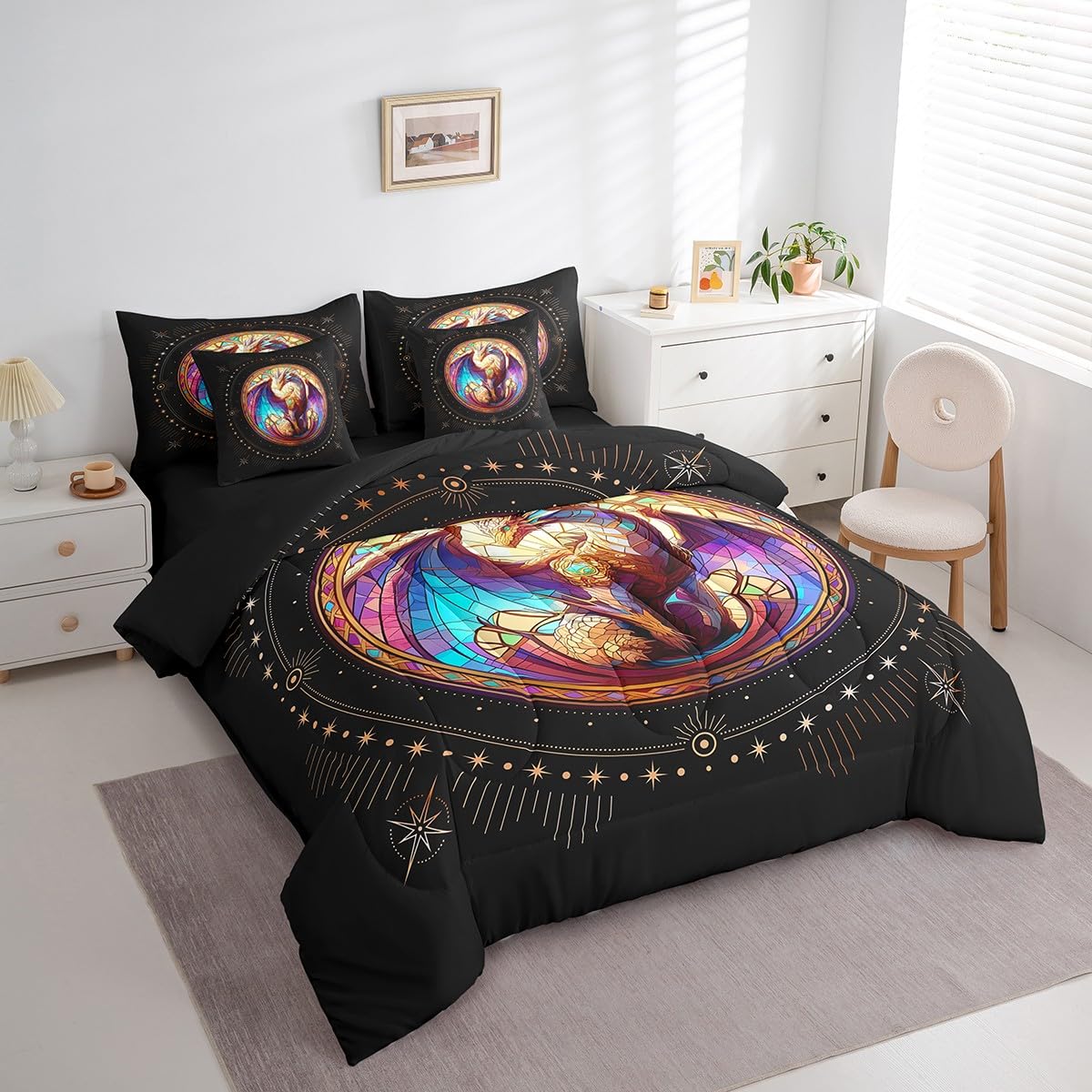 Feelyou Dragon Comforter Set with Sheets Twin Size Dragon Stuff Bed in a Bag for Boys Girls Teens Wild Life 7 Pieces Bedding Set Dragon Decor Bed Set Room Decor Black Yellow